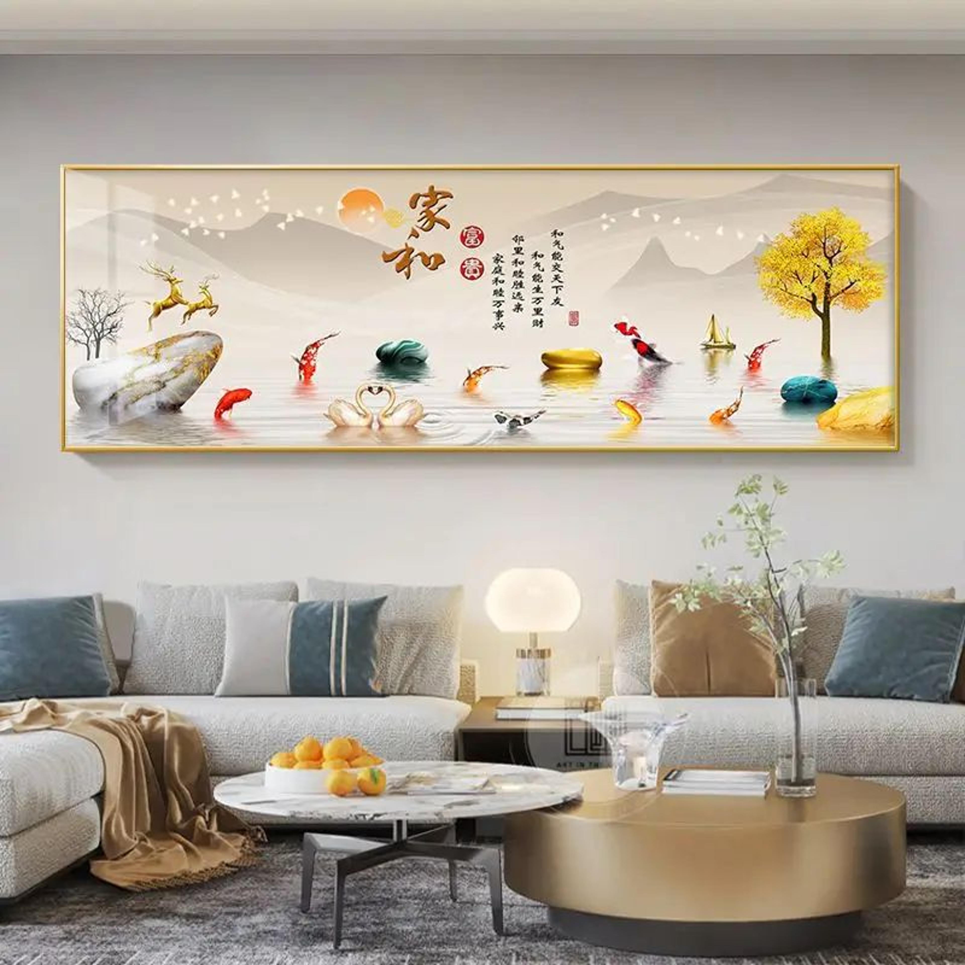 Chinese Golden Deer Canvas Wall Art  Feng Shui Mountain Landscape Poster Unframed 18