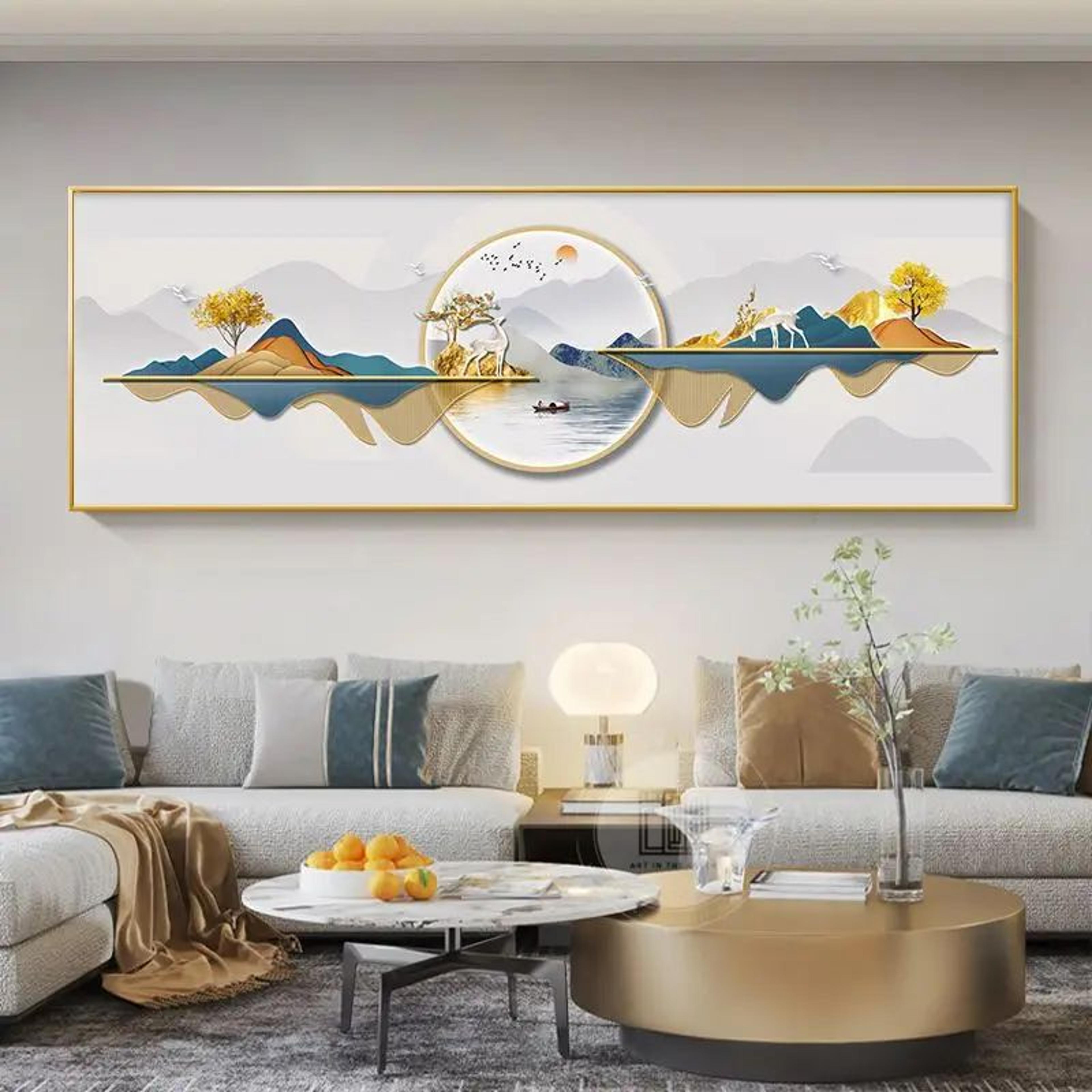 Chinese Golden Deer Canvas Wall Art  Feng Shui Mountain Landscape Poster Unframed 21
