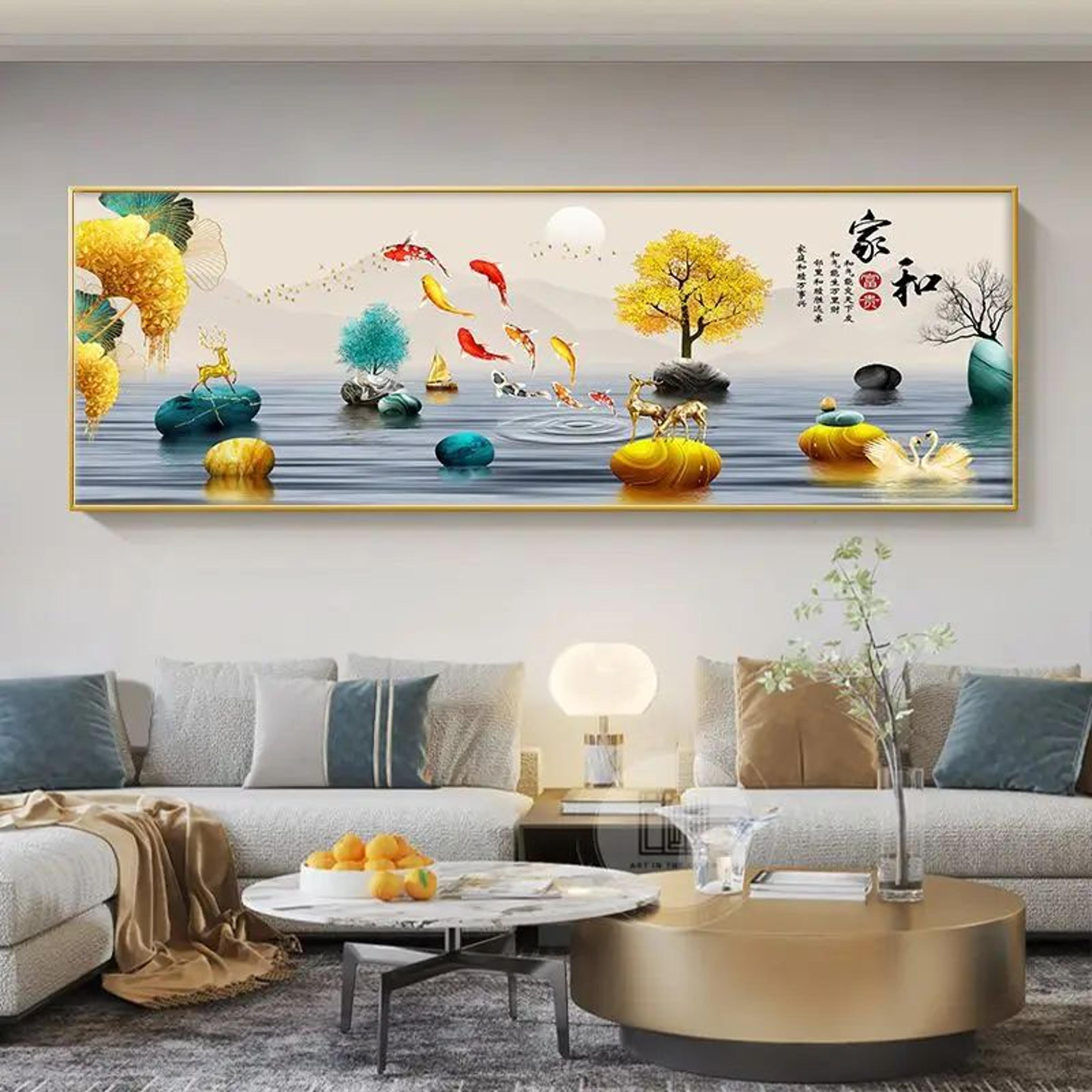 Chinese Golden Deer Canvas Wall Art  Feng Shui Mountain Landscape Poster Unframed 22