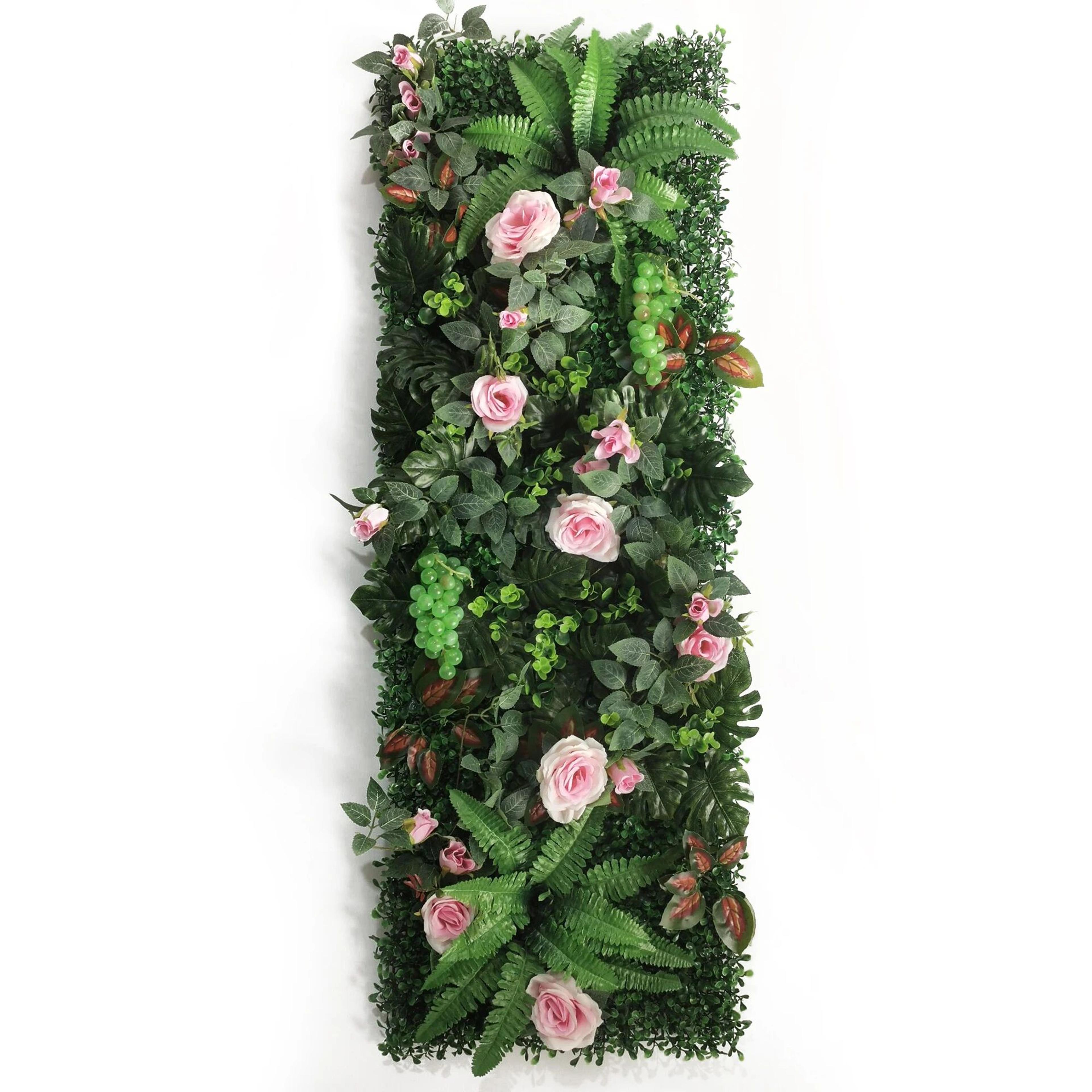 Artificial Rose Grass Wall Panel  16x47in Floral Lawn Decor With Straw Mat Backing 25