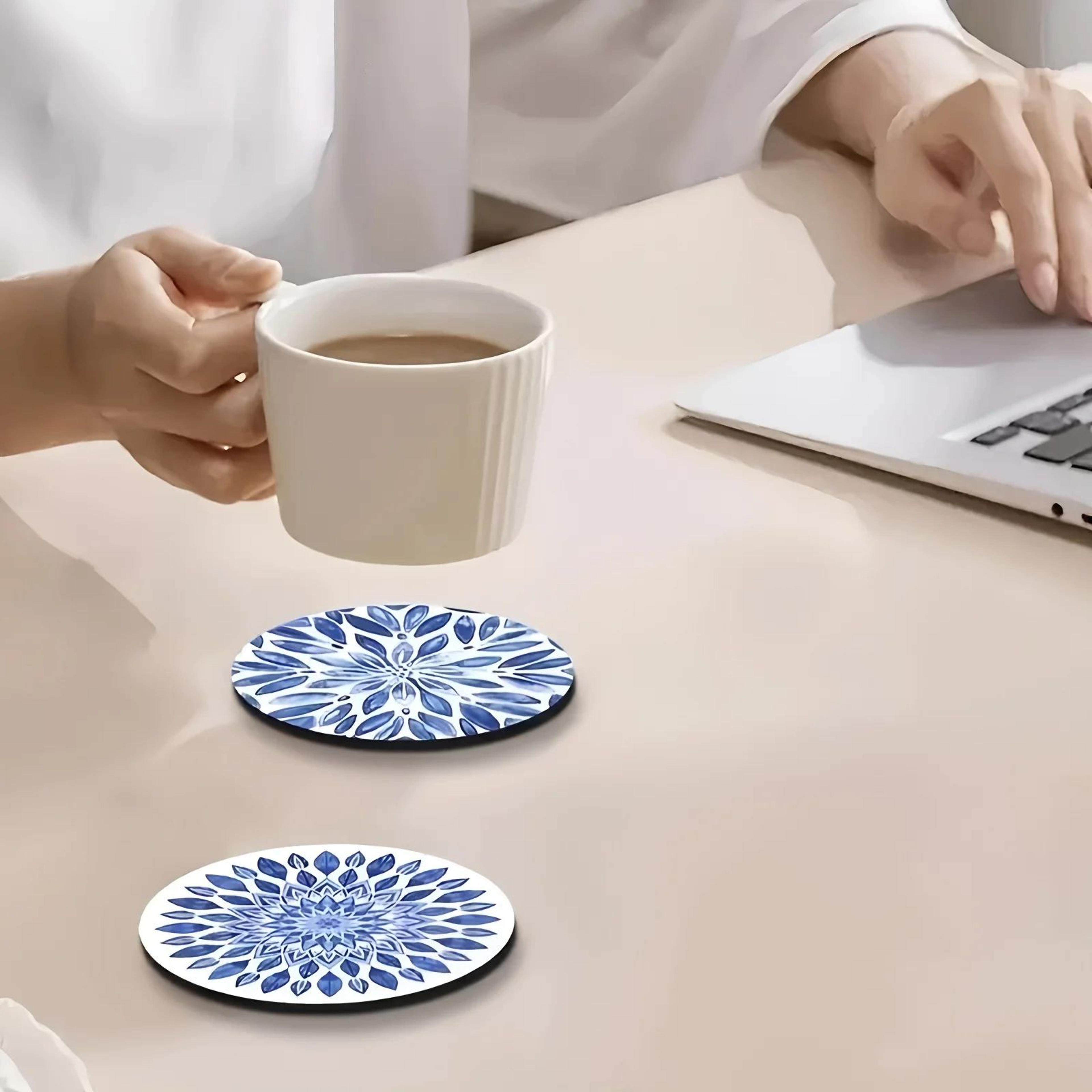 Celadon Floral Wooden Coasters Set  6pcs HeatResistant Coffee Cup Mats For Home  Office 3