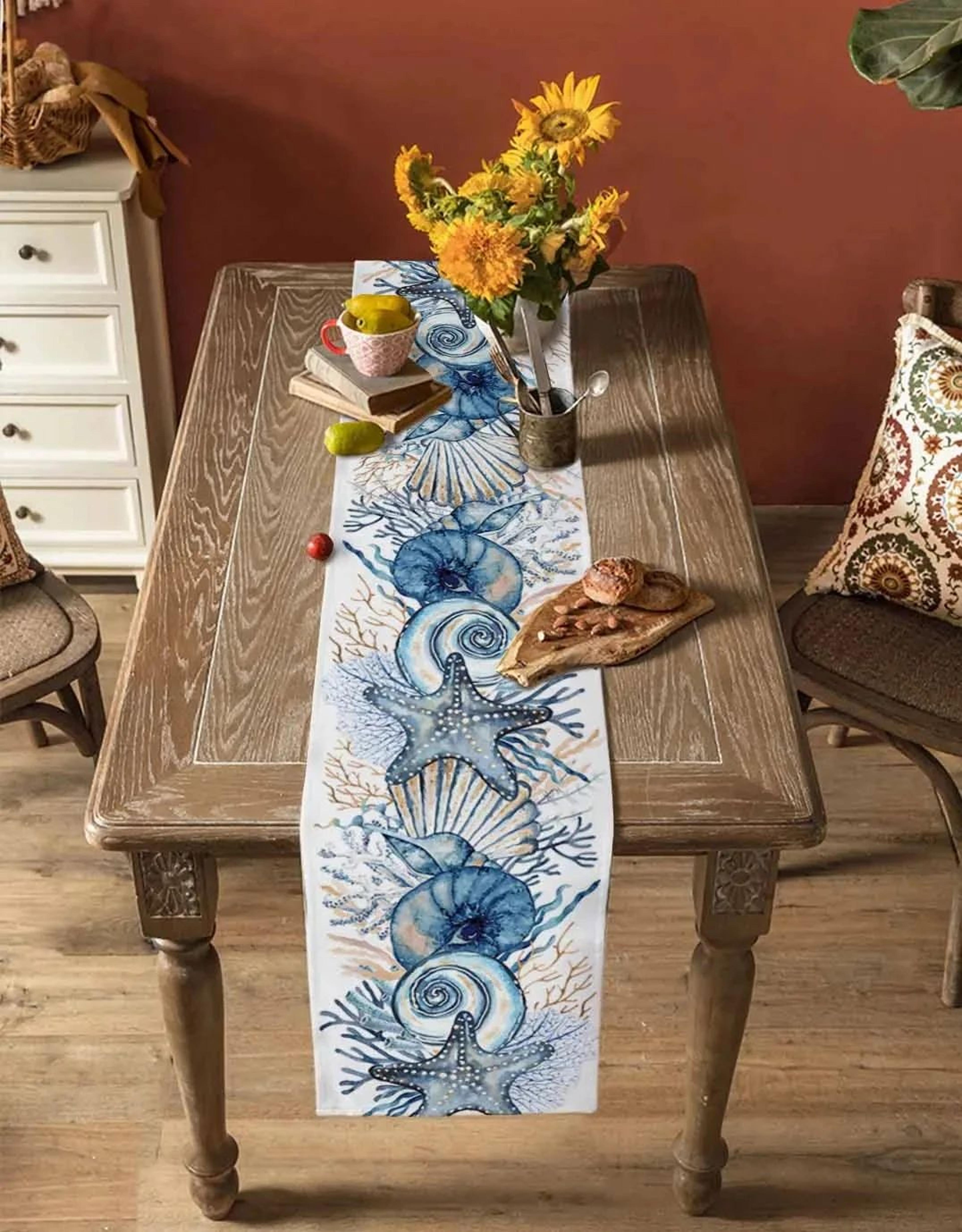 Coastal Summer Linen Table Runner  Ocean Conch  Coral Print Dining Table Decor 5