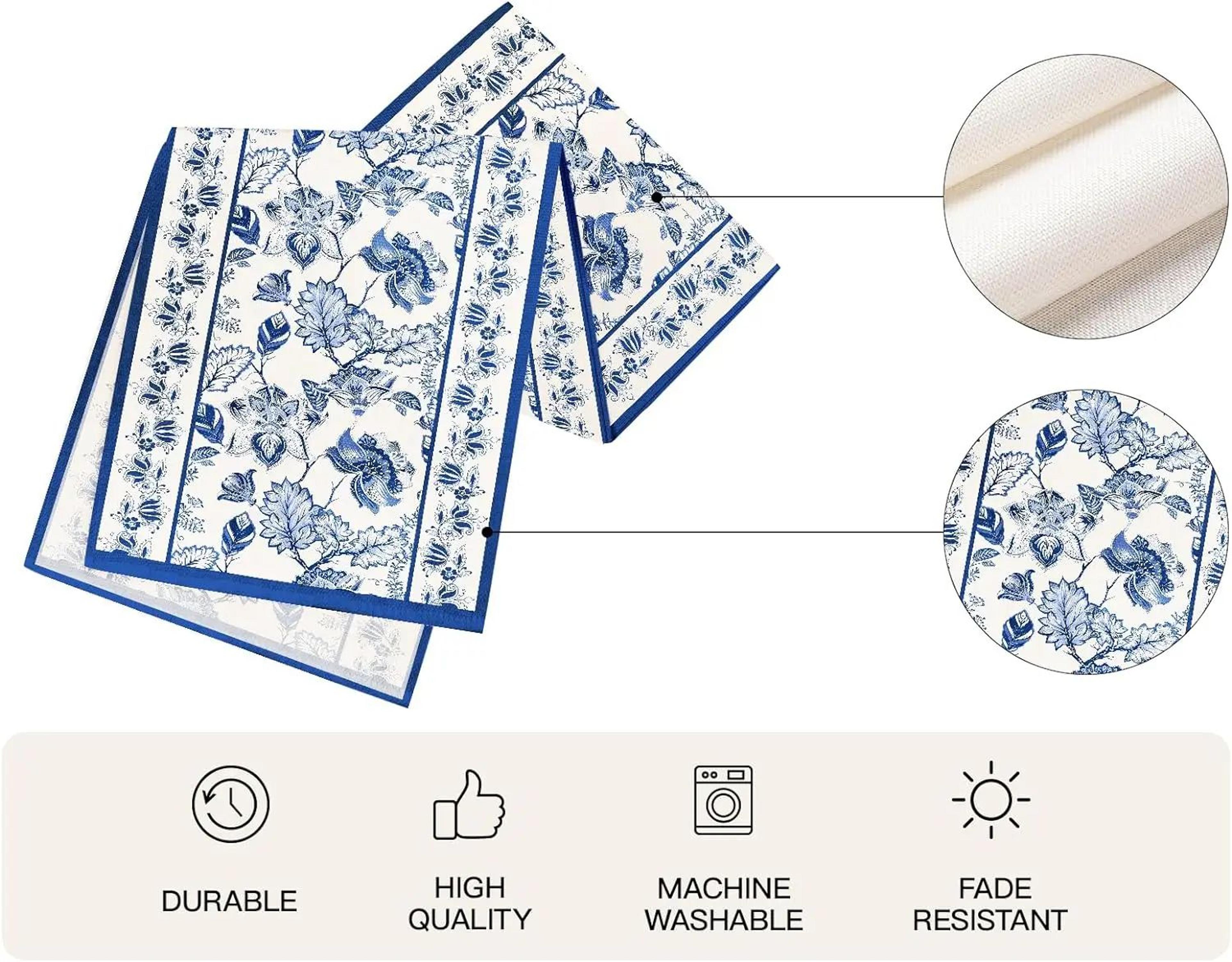 Summer Blue Floral Linen Table Runner  Farmhouse Reusable Dining  Party Decor 3
