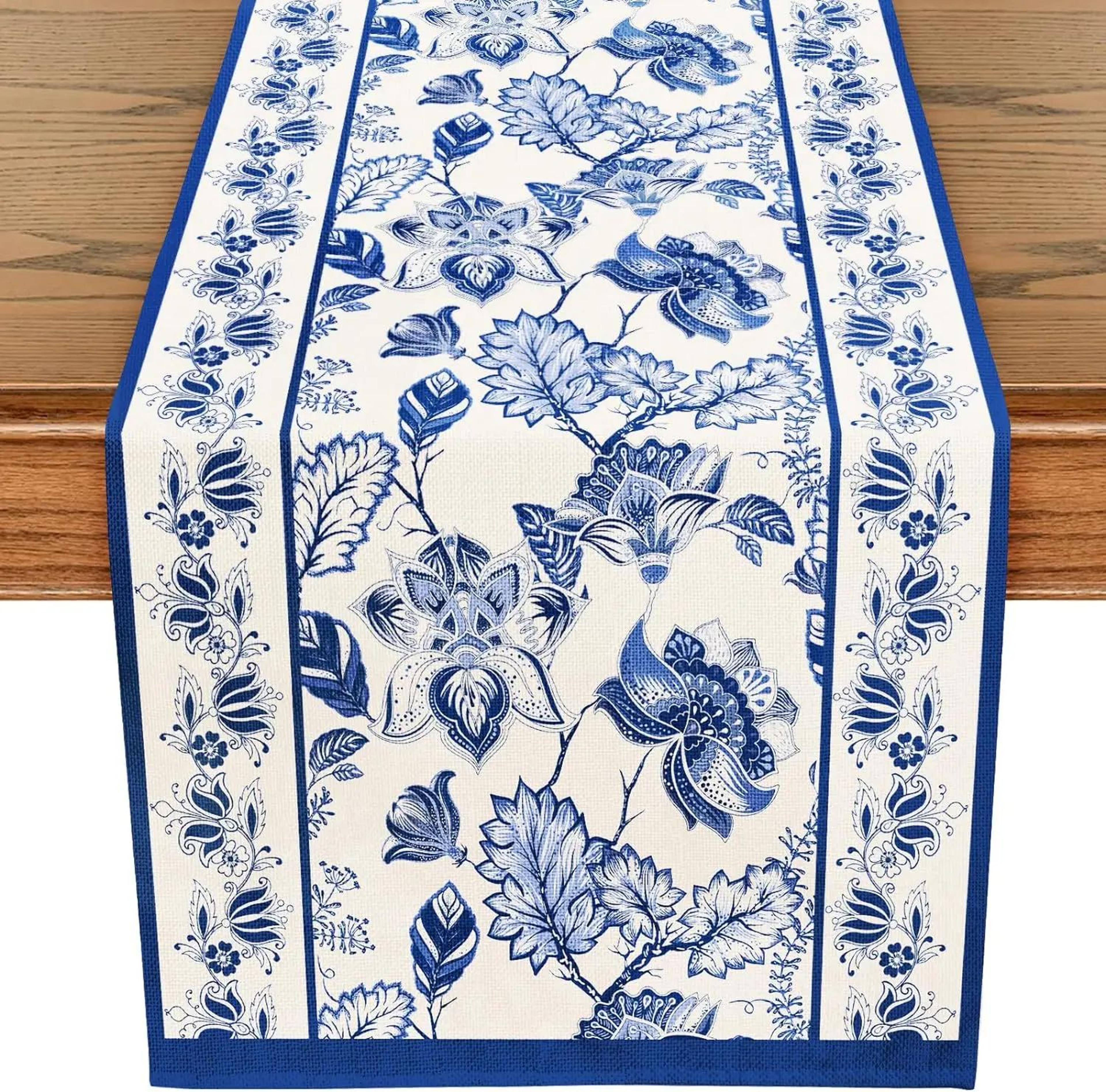 Summer Blue Floral Linen Table Runner  Farmhouse Reusable Dining  Party Decor 6