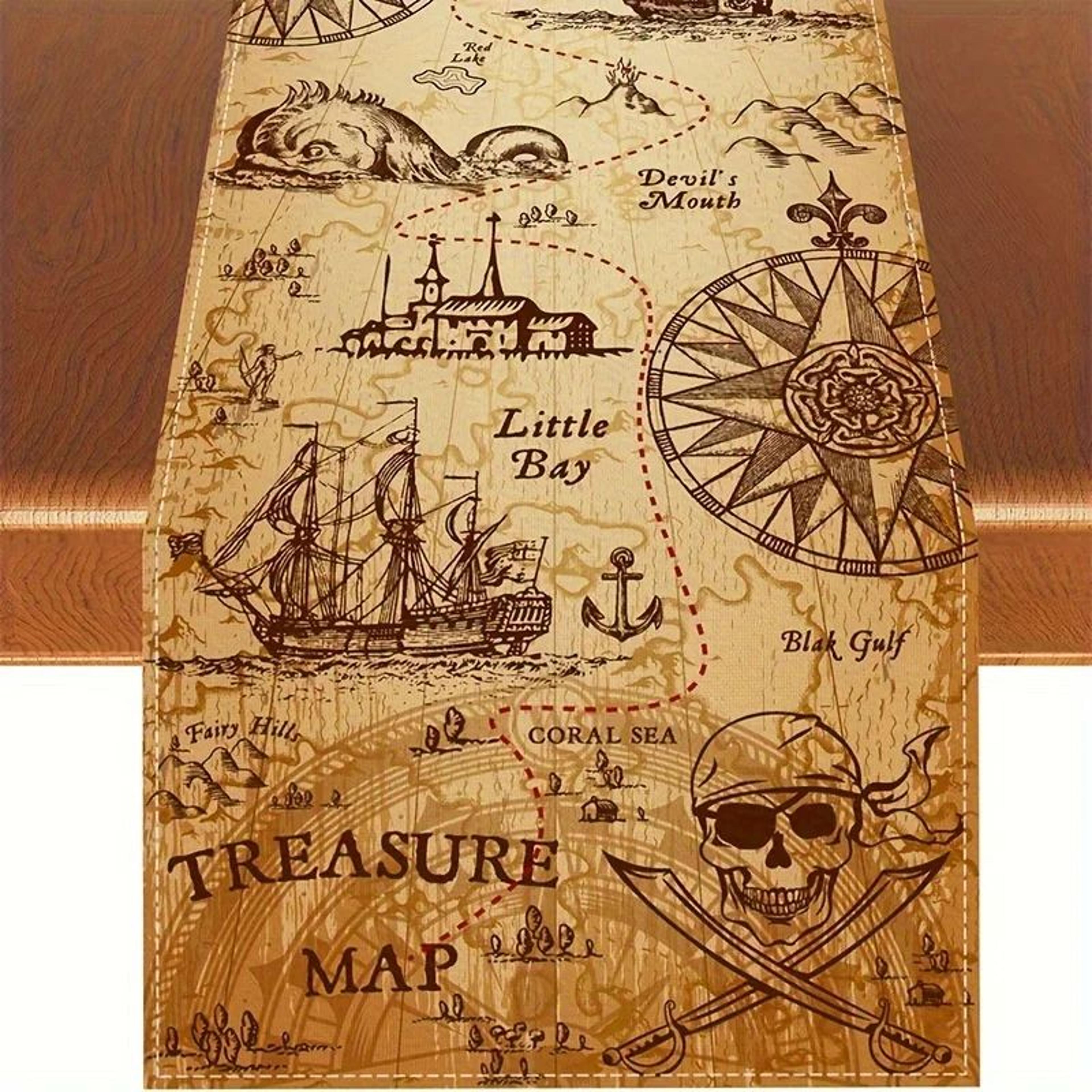 Pirate Treasure Linen Table Runner  AdventureThemed Farmhouse Party Decor 7