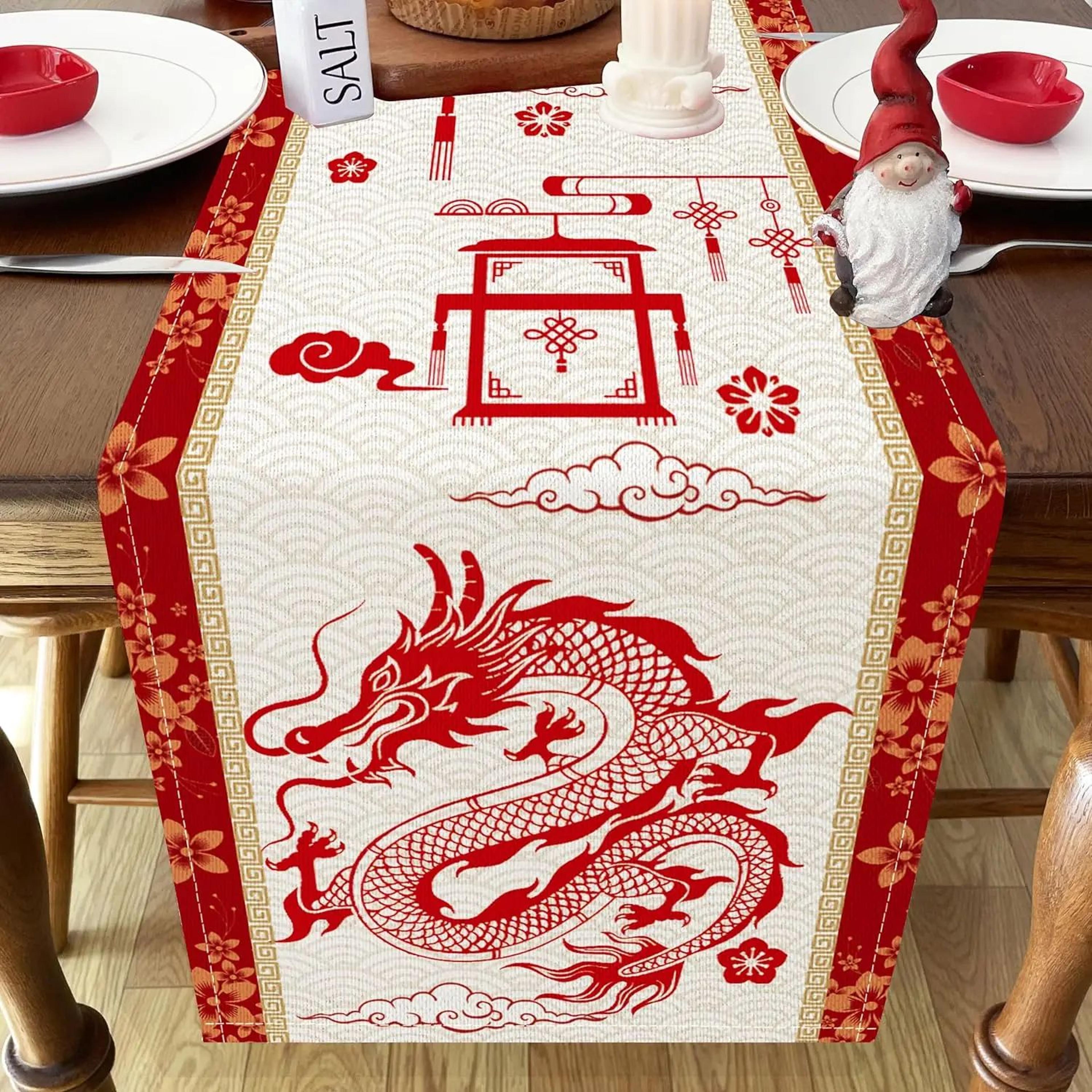 chinese new year dragon linen table runner – spring festival dining decor