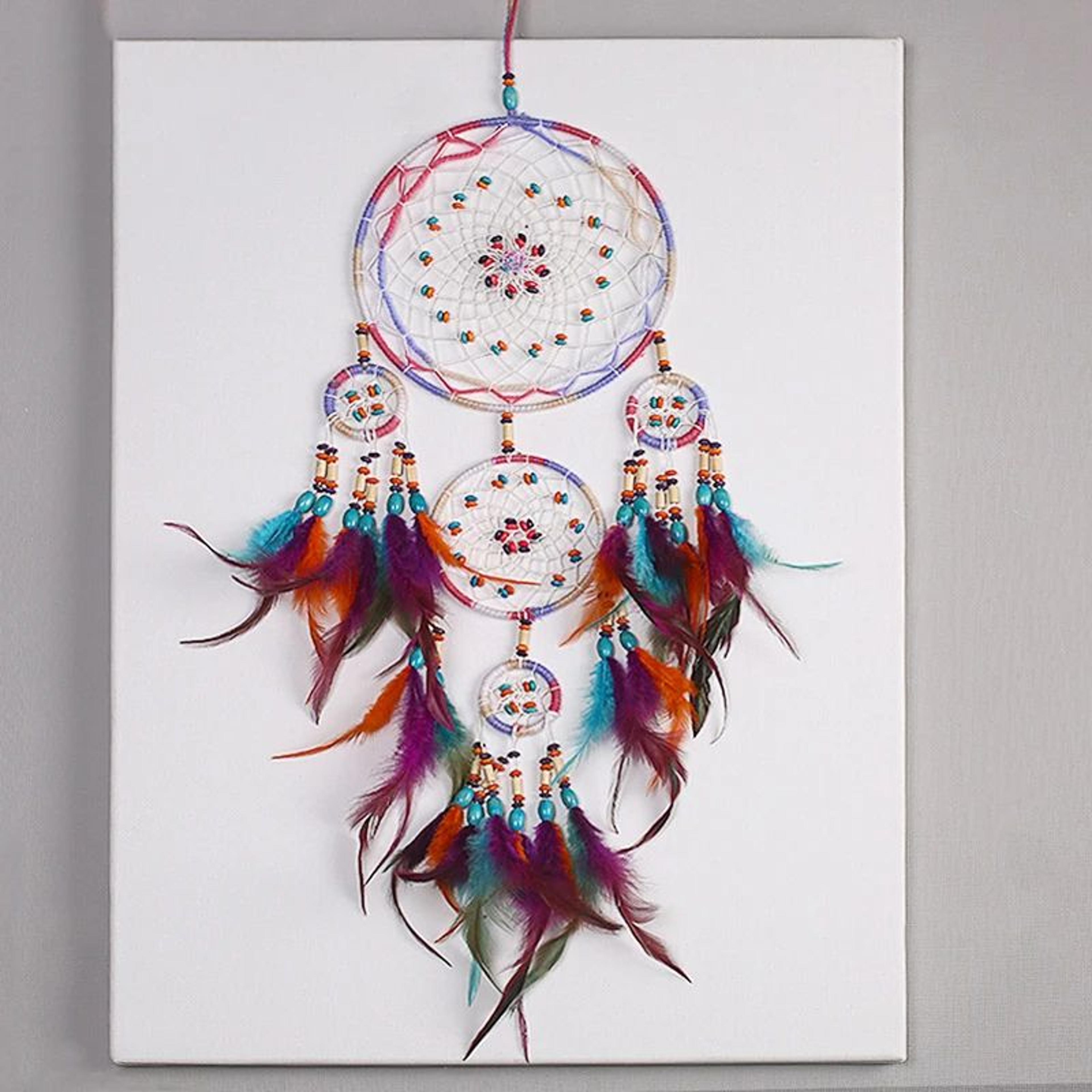 Handmade FiveRing Dream Catcher Wall Hanging  Boho Feather Bead Home Decor 4