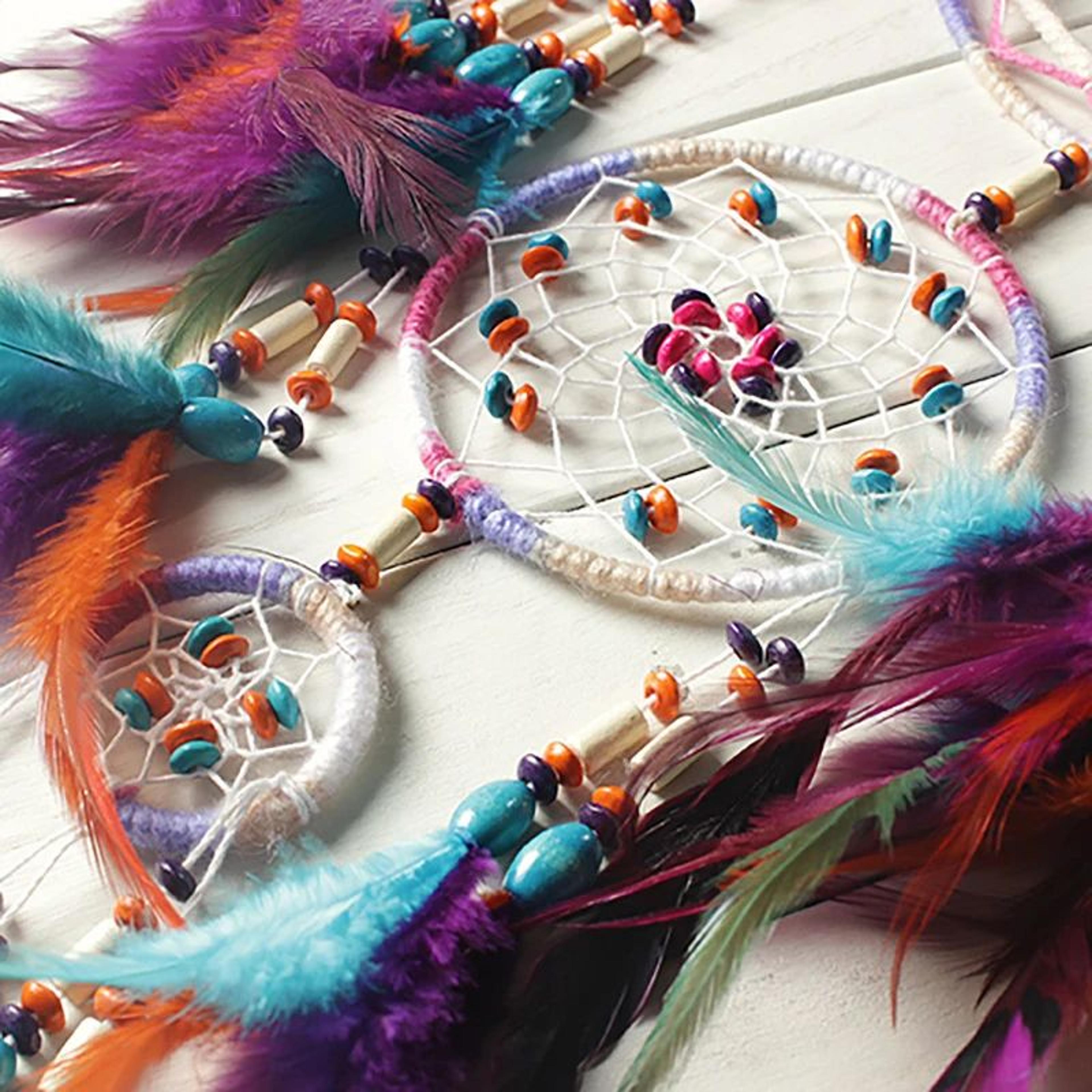 Handmade FiveRing Dream Catcher Wall Hanging  Boho Feather Bead Home Decor 5