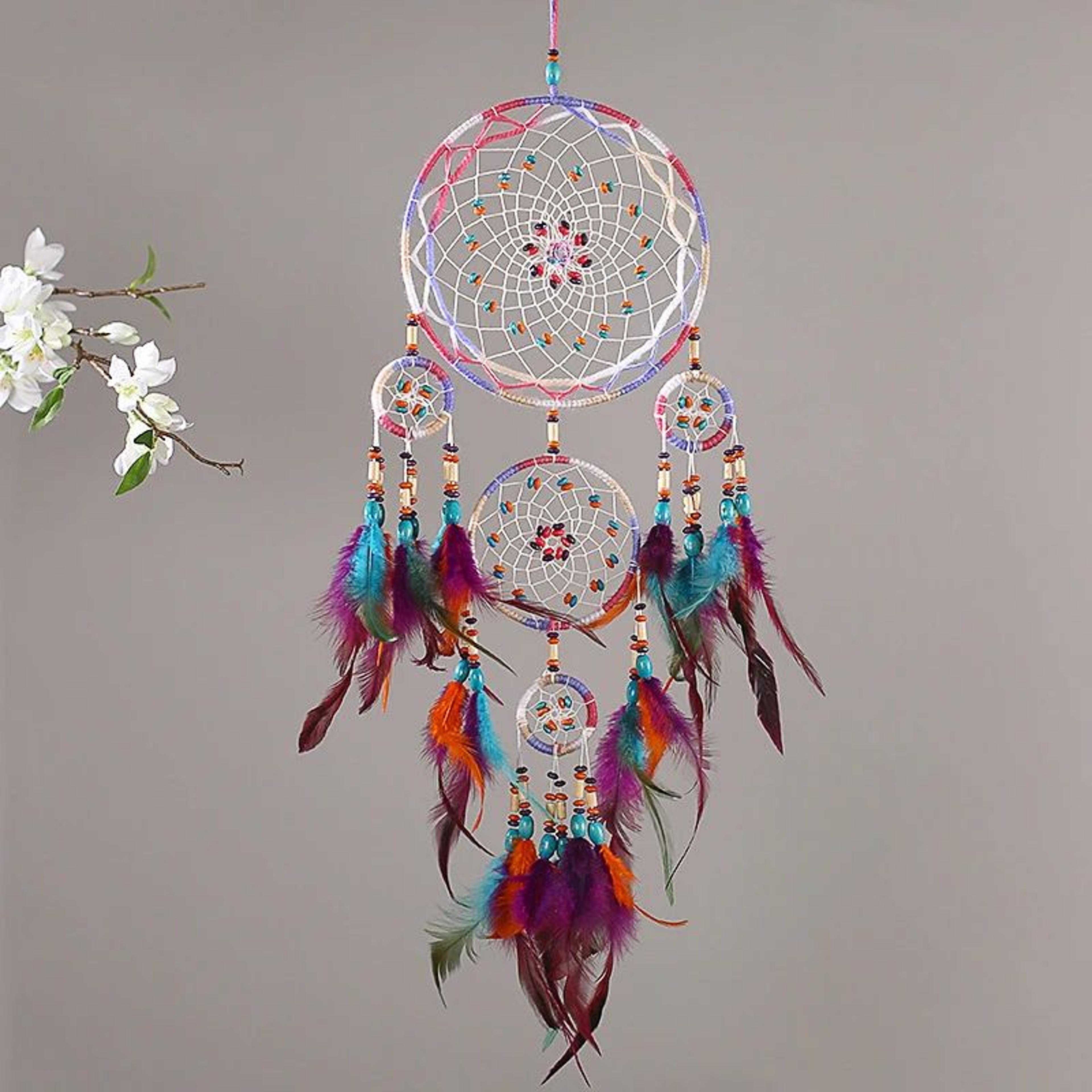 Handmade FiveRing Dream Catcher Wall Hanging  Boho Feather Bead Home Decor 1