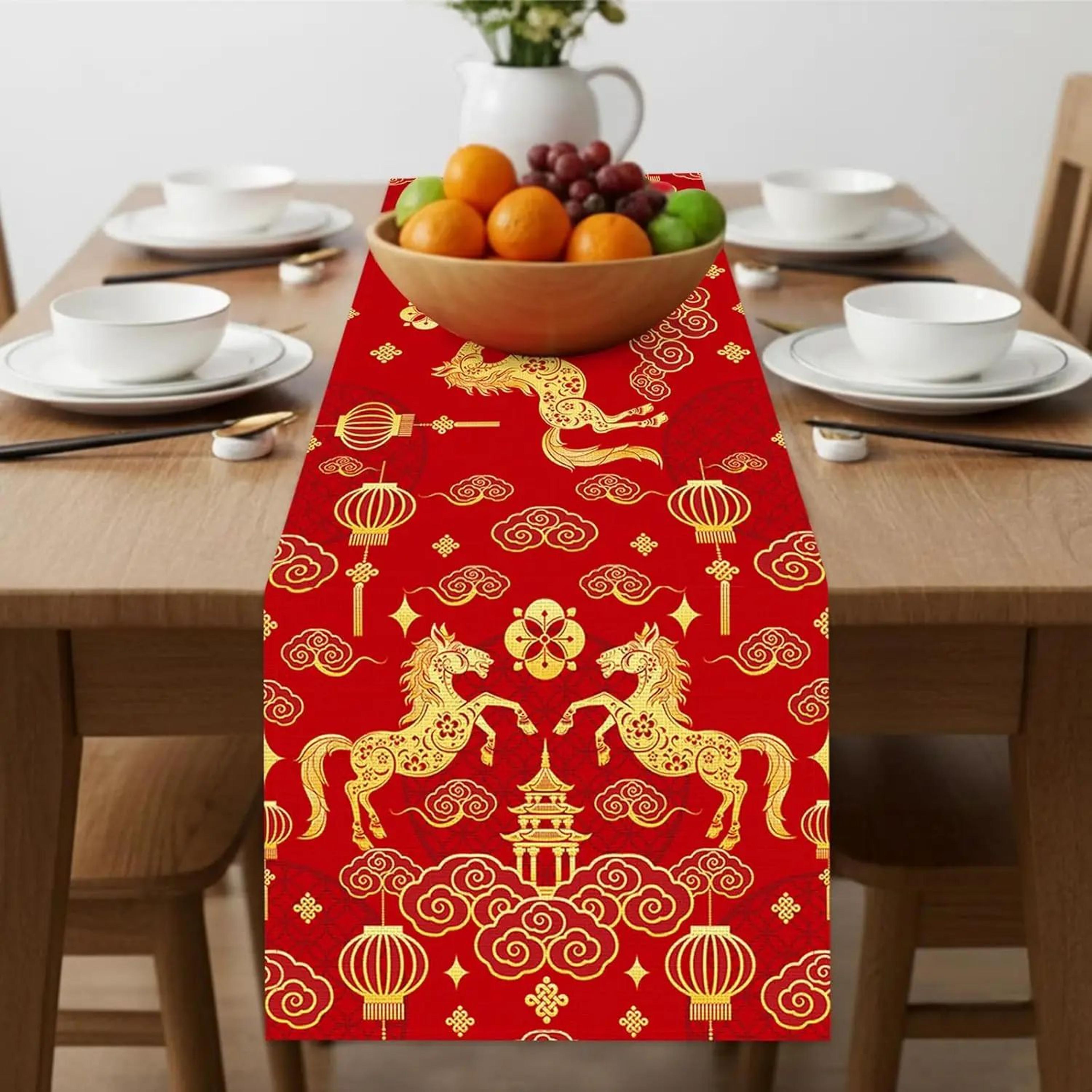 chinese new year table runner 2026 – zodiac horse linen spring festival dining decor