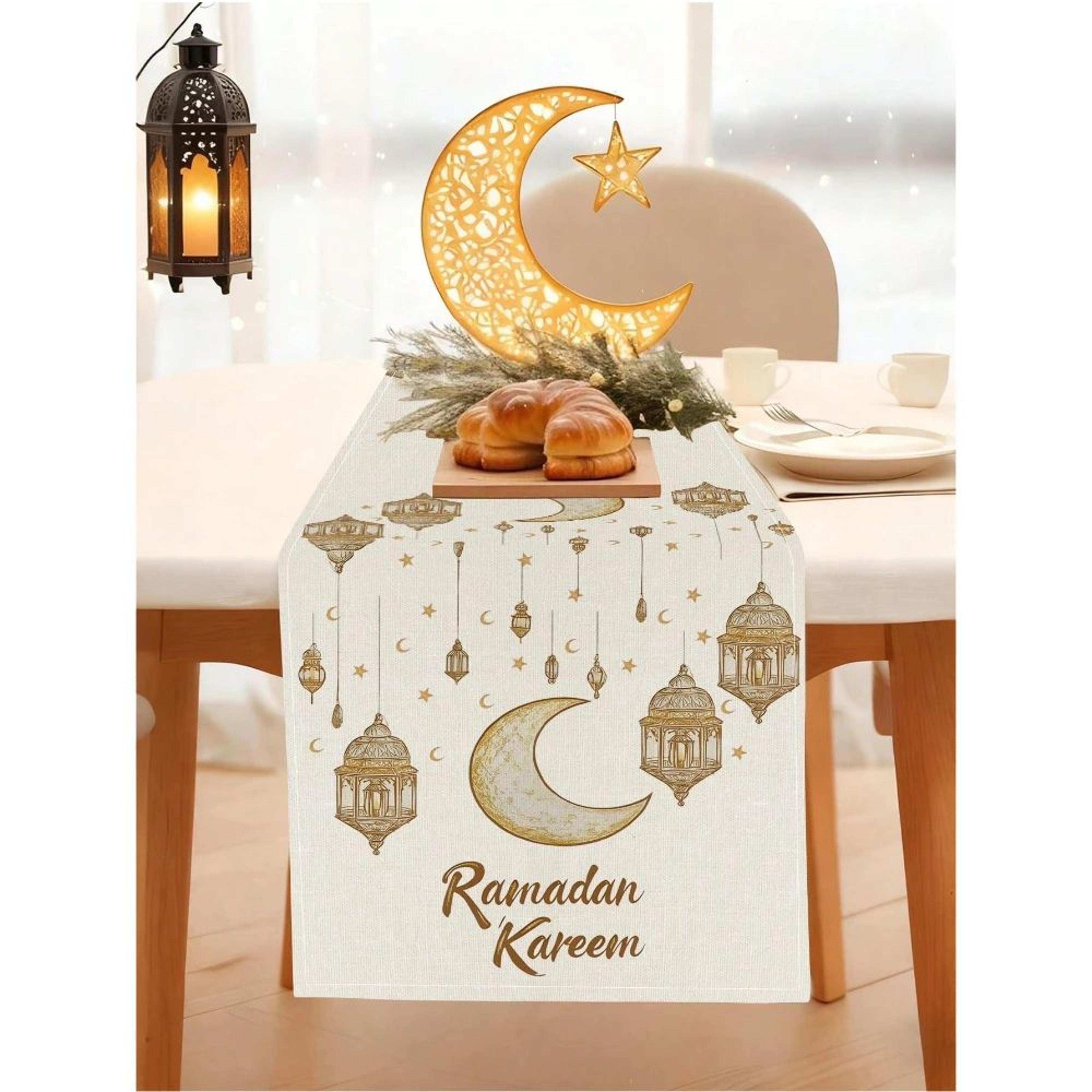ramadan kareem table runner linen – eid mubarak moon stars lantern dining decor