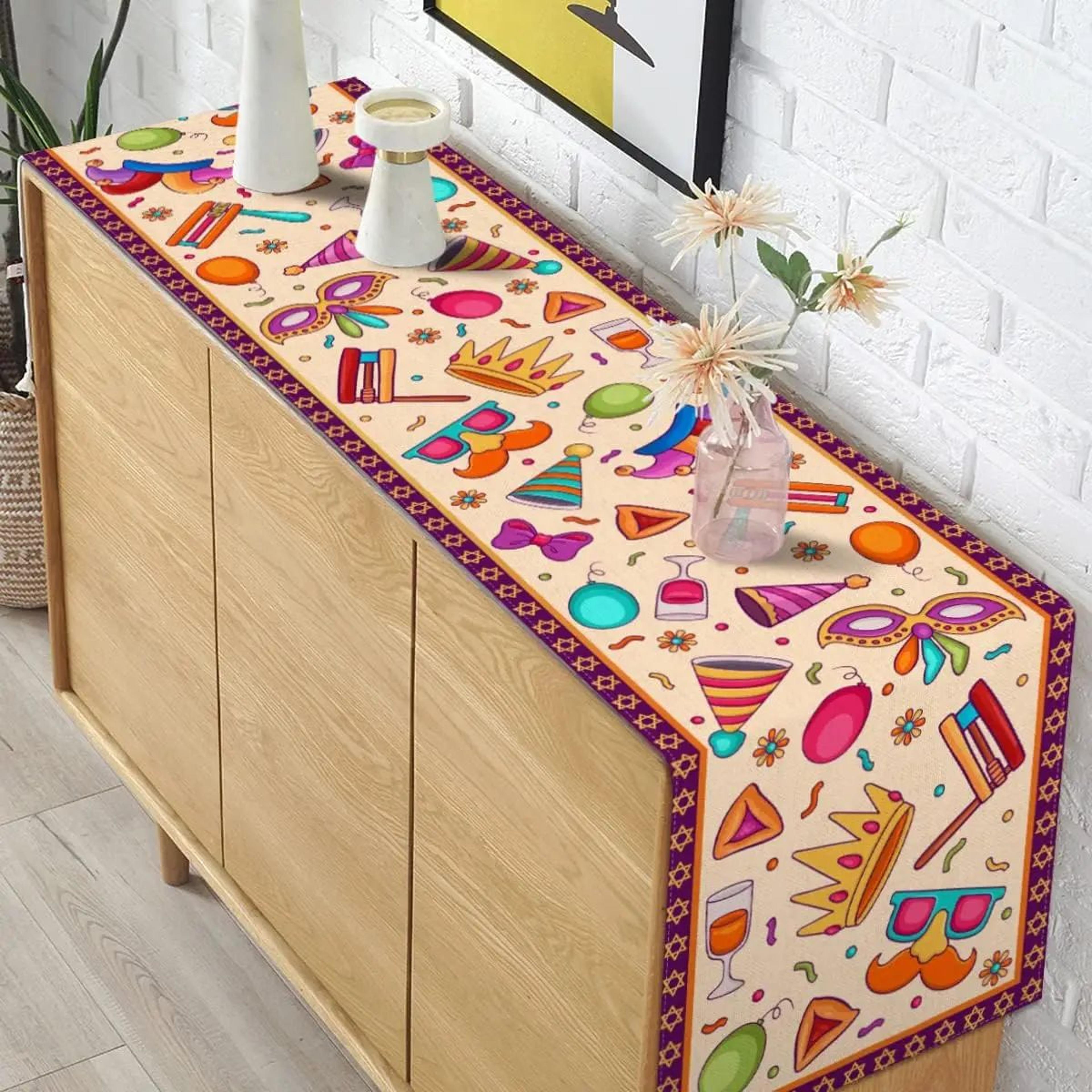 Happy Purim Linen Table Runner  Festive Jewish Holiday Dining Table Decor With Masquerade Crown Des 1
