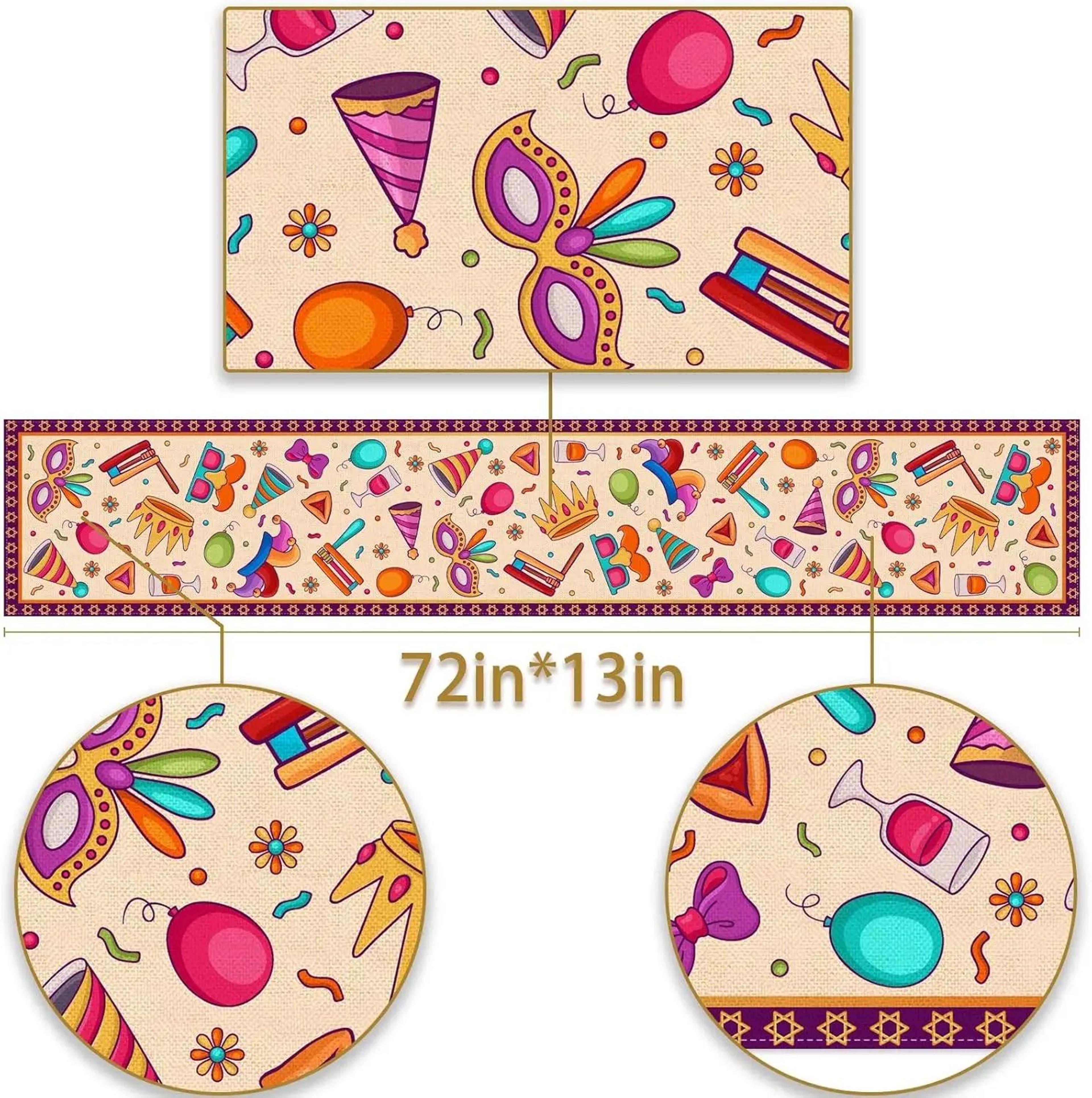 Happy Purim Linen Table Runner  Festive Jewish Holiday Dining Table Decor With Masquerade Crown Des 2
