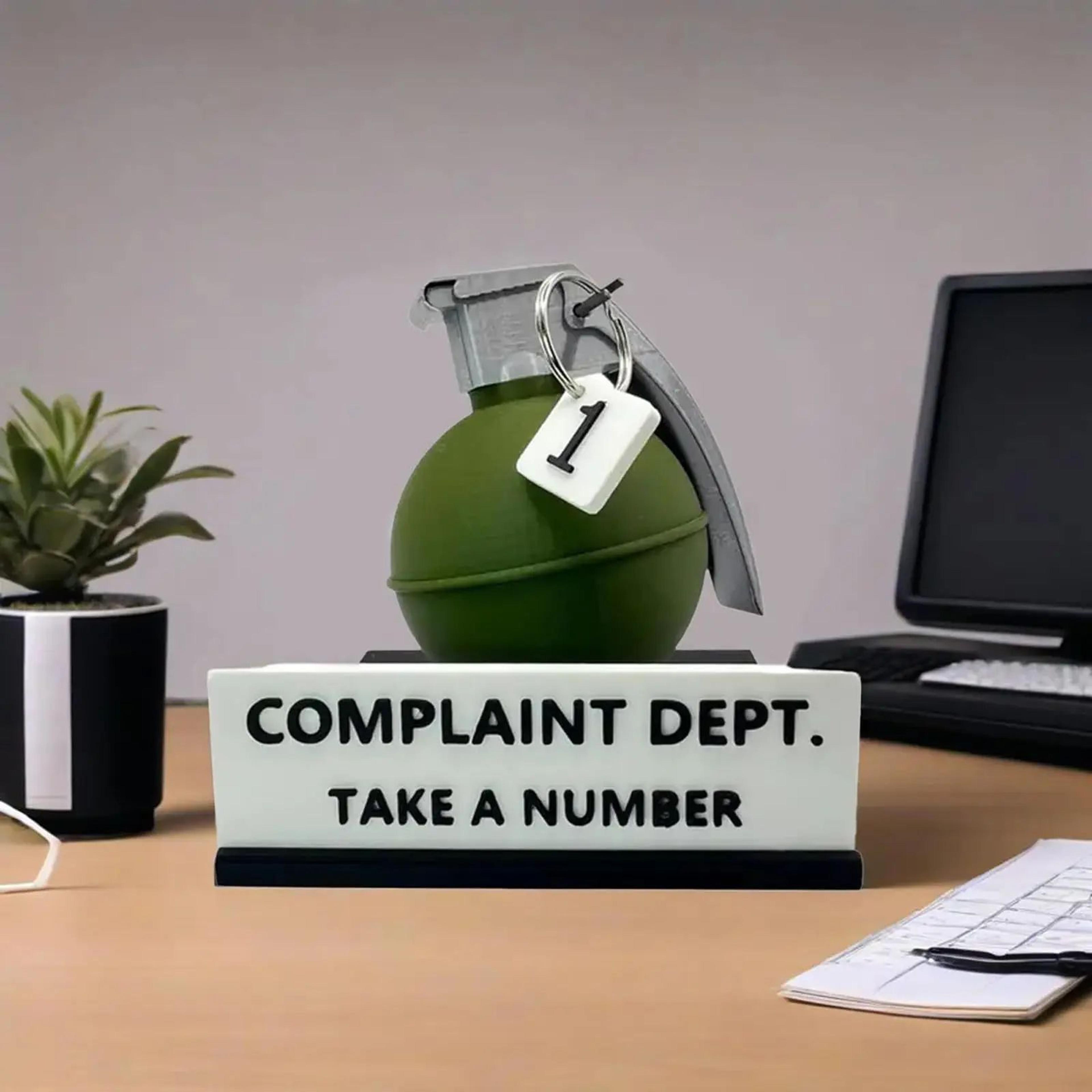 Funny Complaint Department Grenade Desk Sign  3D Printed Prank Office Decor Gift 6