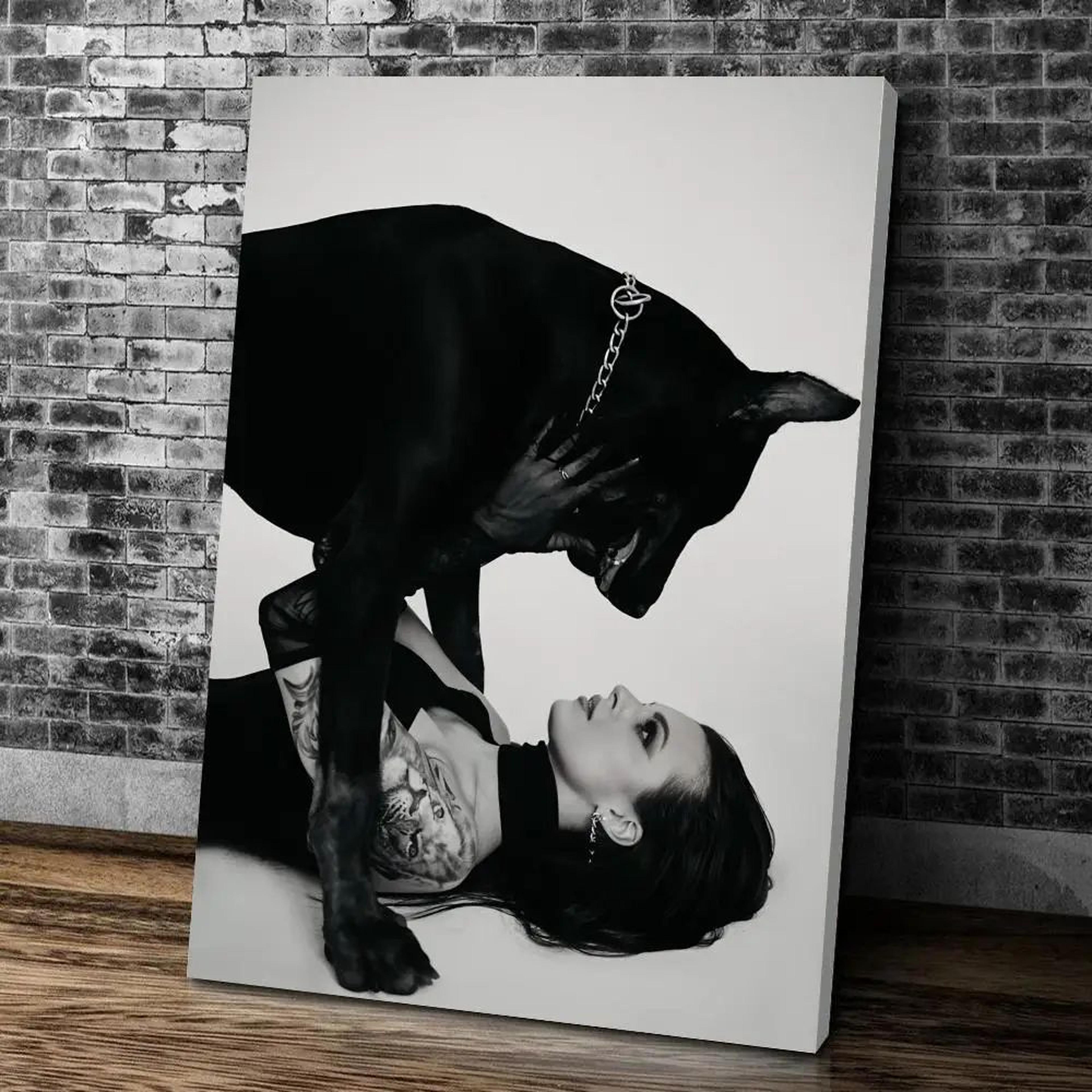 Black Doberman  Woman Canvas Wall Art  Elegant Calligraphy Portrait Print For Modern Home Decor 10