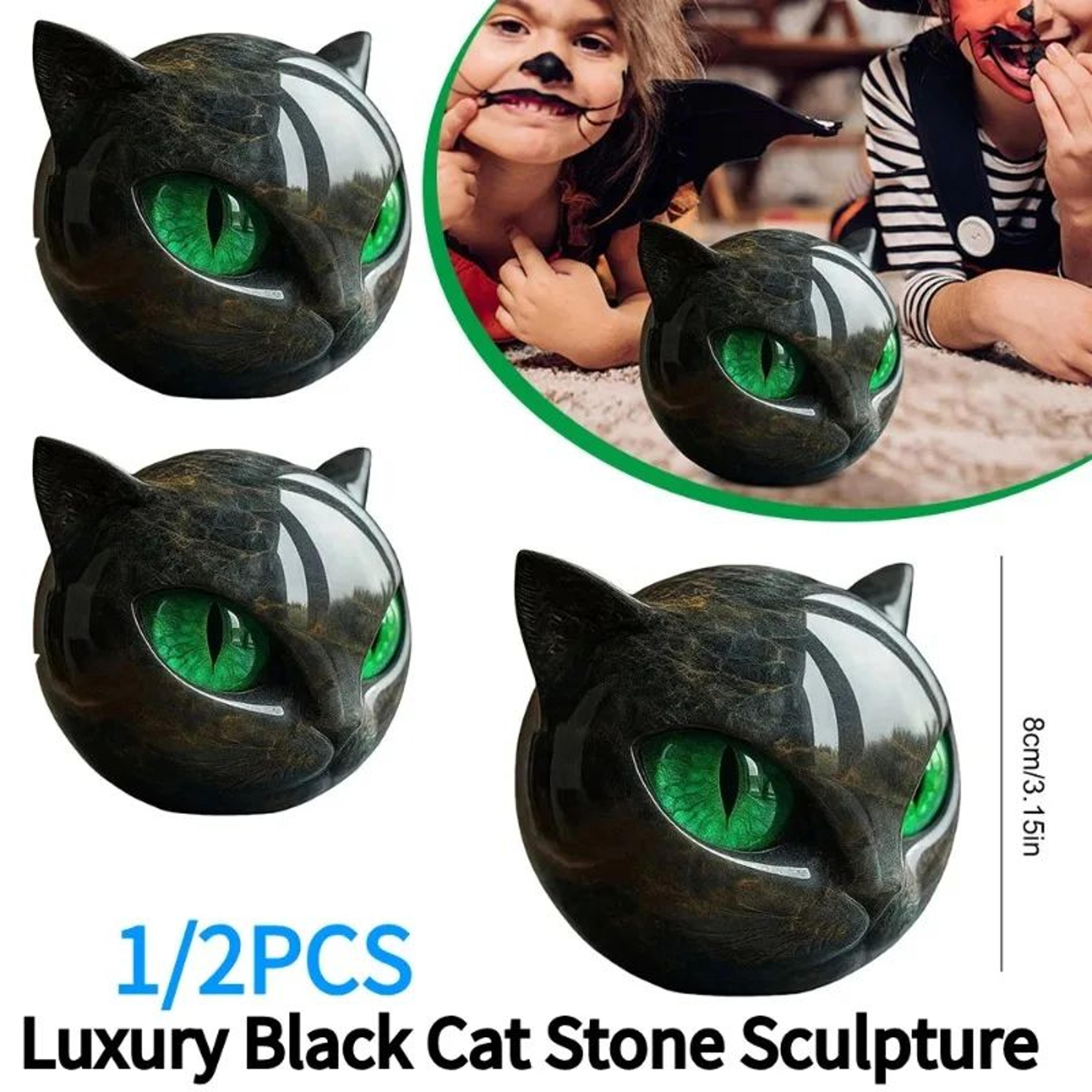 Luxury Black Cat Head Sculpture  Marble Texture Resin Decor With Amber Eyes For Modern Home 4