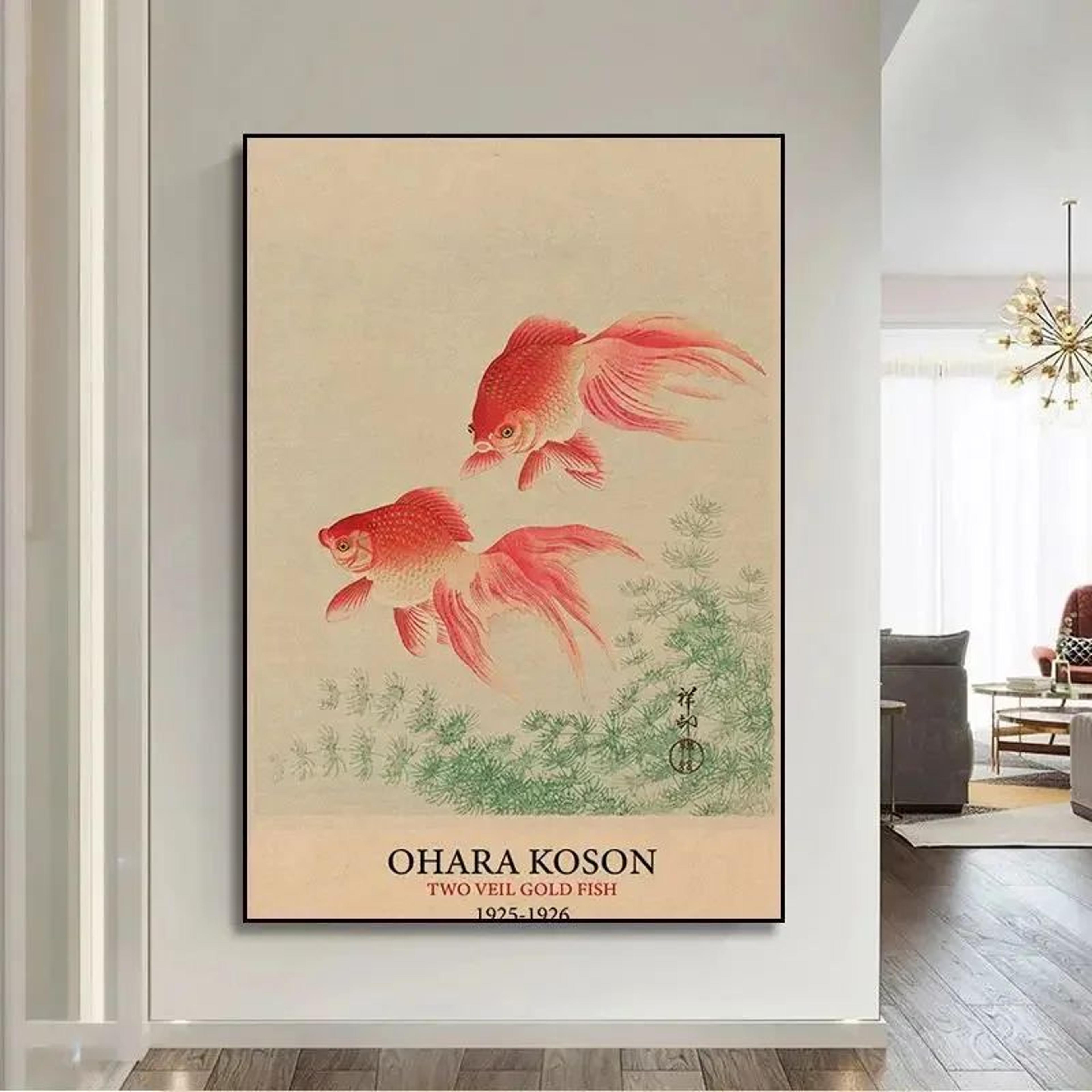 Vintage Japanese Goldfish Lotus Canvas Wall Art  Retro Hokusai  Ohara Koson Inspired Poster Print 7
