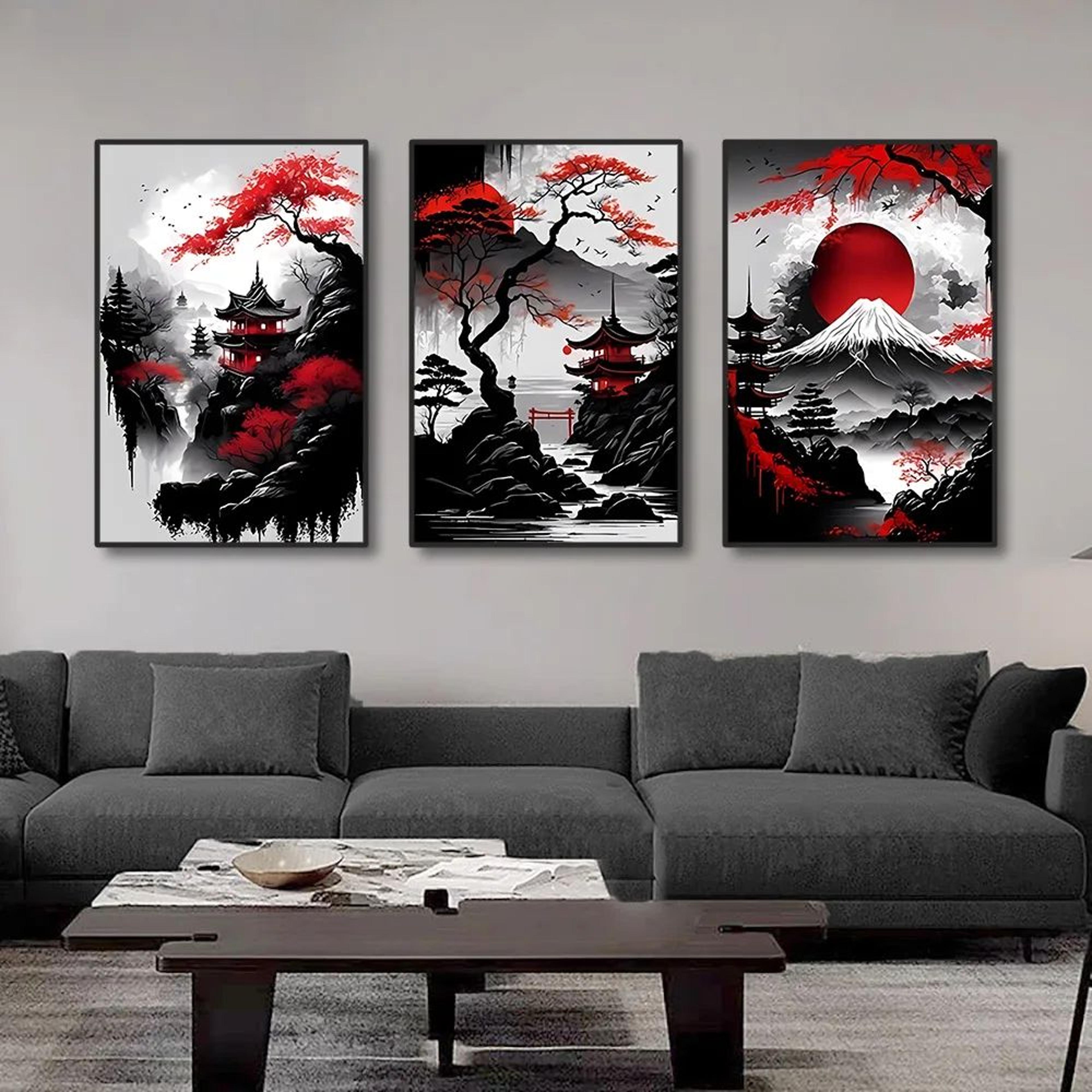 3pcs Vintage Japanese Landscape Canvas Wall Art Prints  Oriental Black  Red Home Decor Posters 5