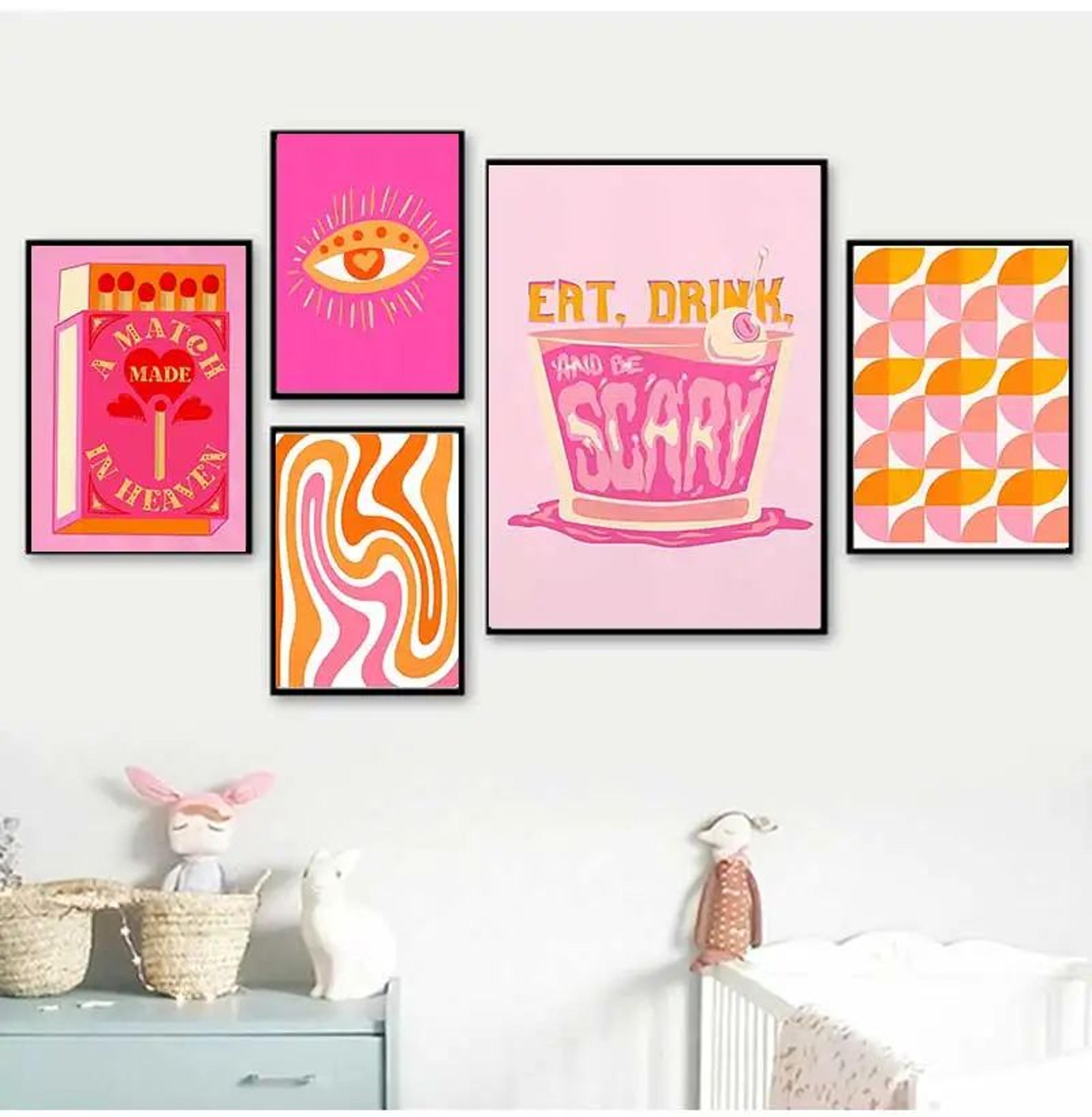 Pink Strawberry Lemon Cocktail Canvas Poster  Retro Kitchen  Bar Wall Art 1