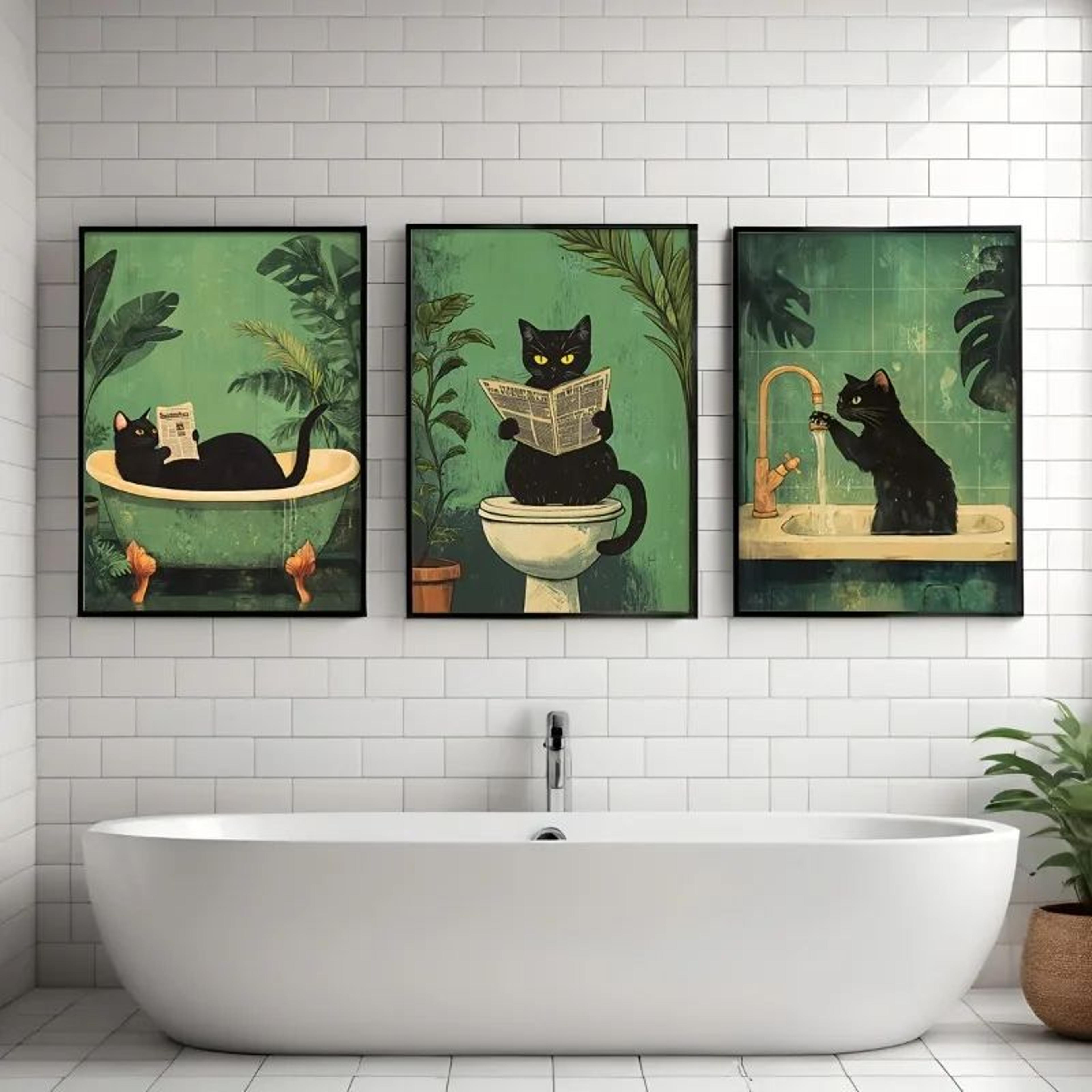 funny black cat bathroom canvas wall art set – vintage toilet animal posters for modern decor