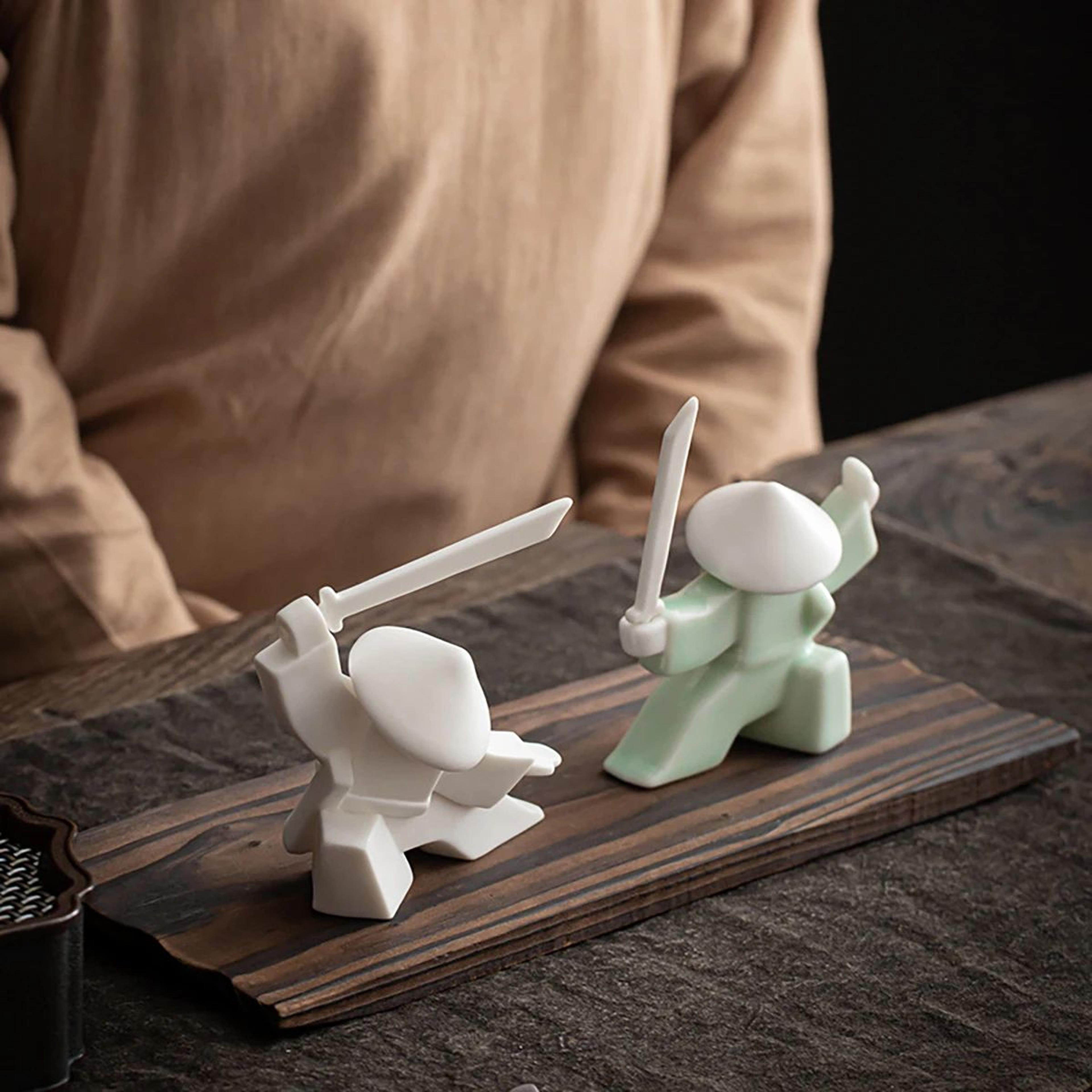White Ceramic Samurai Figurine  Oriental Blanc De Chine Geometric Warrior Sculpture For Home  Offic 1