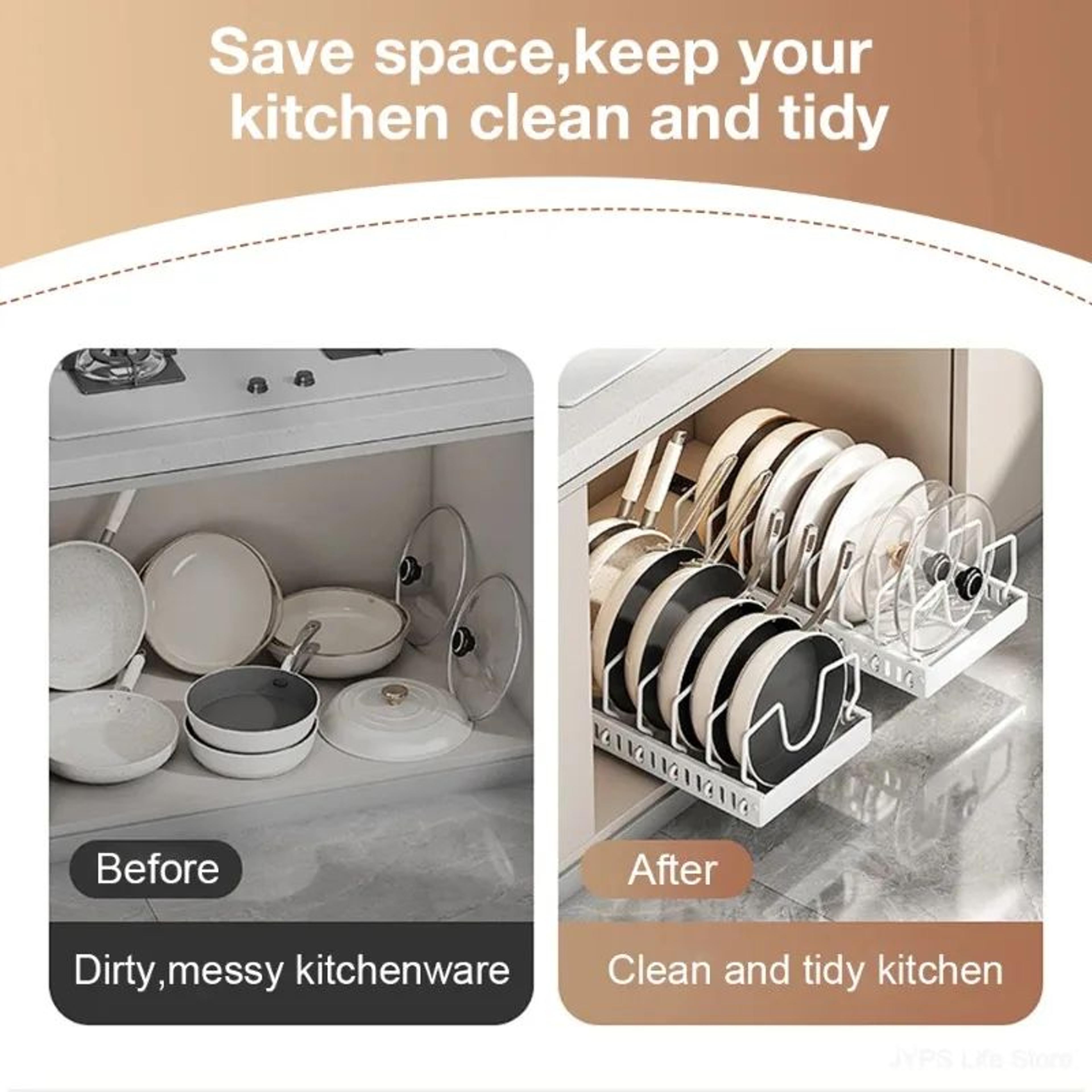 PullOut Kitchen Organizer Rack  Adjustable Pot Pan  Lid Storage Drawer 4