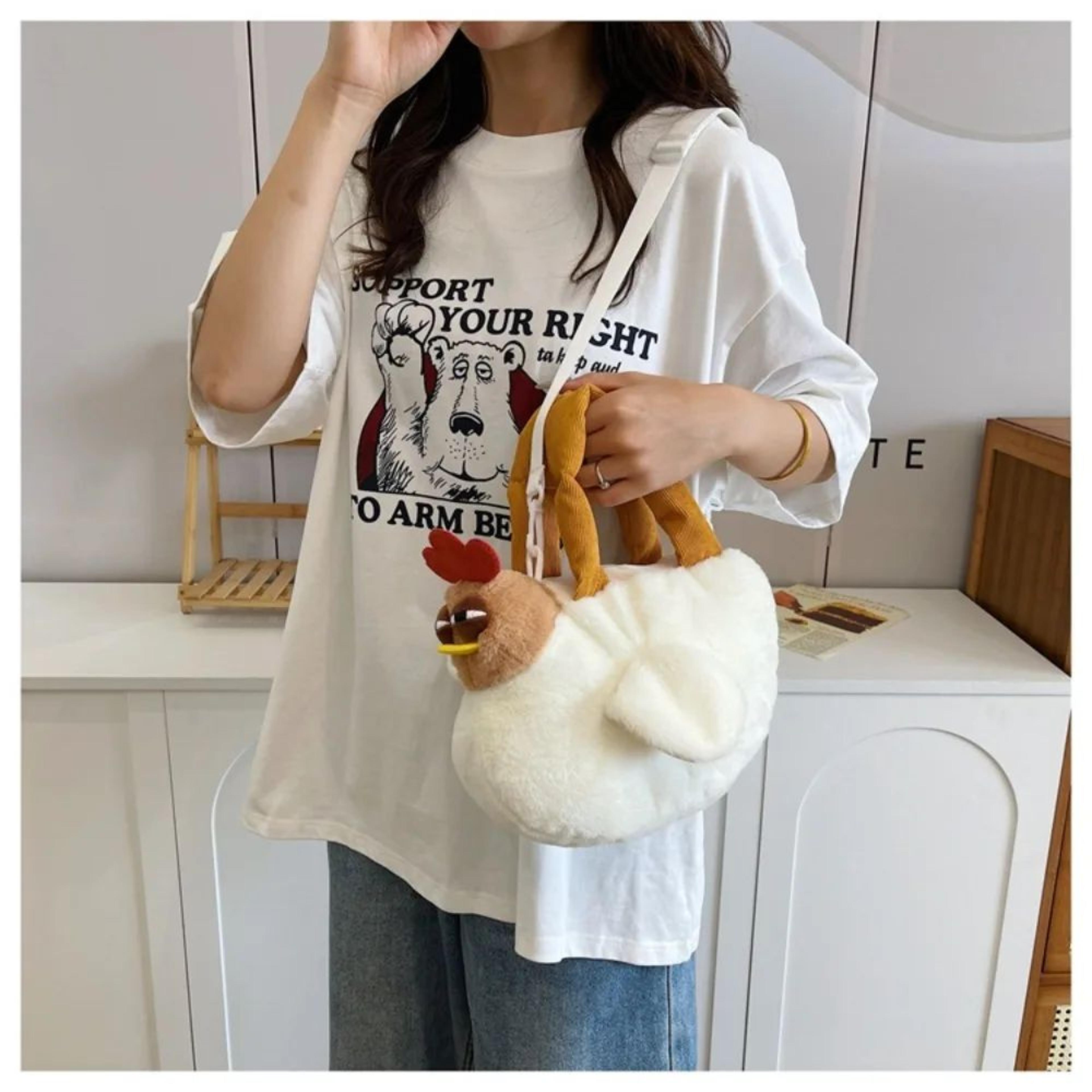 Cute Chicken Plush Shoulder Bag  Soft Hen Shape Zipper Handbag For Girls 2