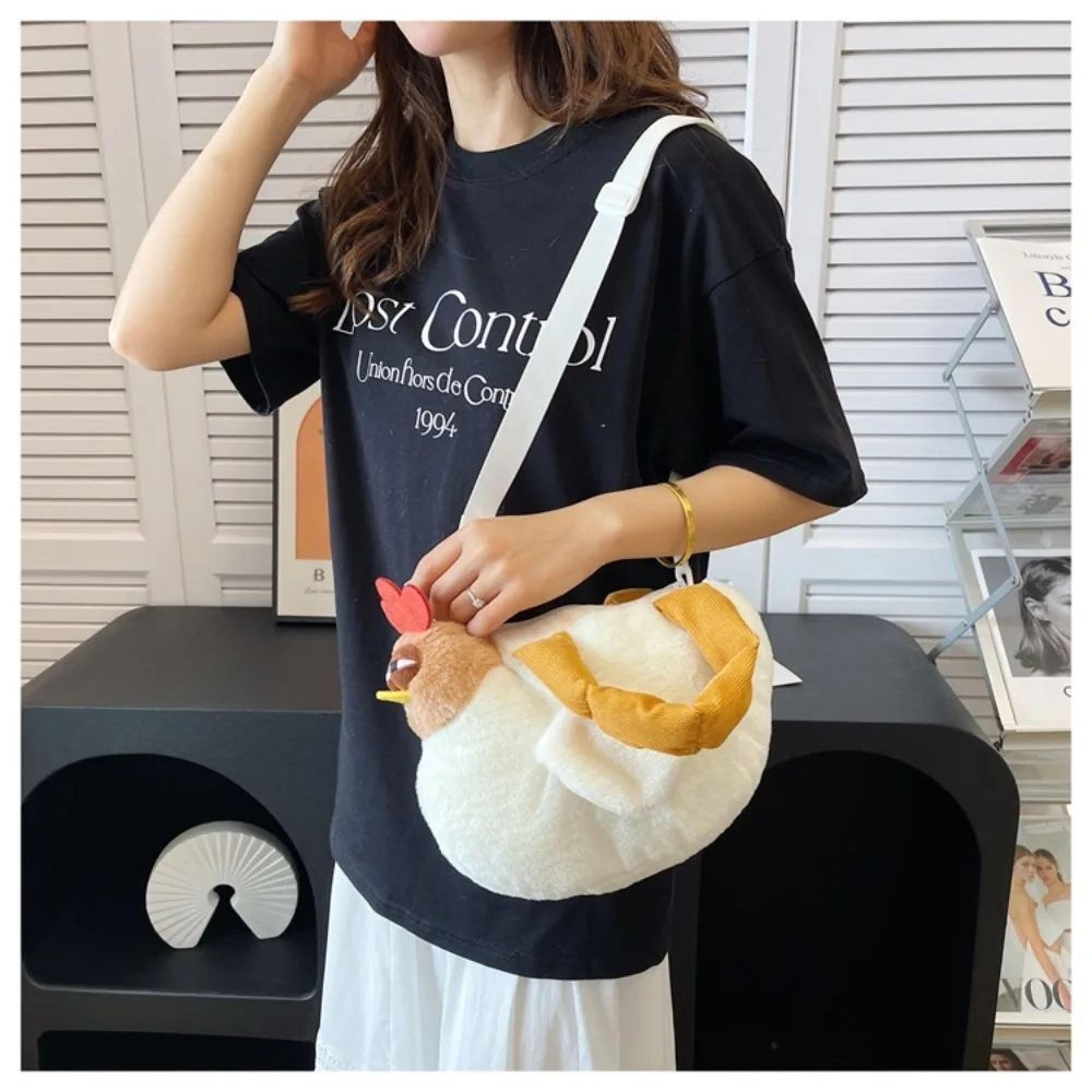 Cute Chicken Plush Shoulder Bag  Soft Hen Shape Zipper Handbag For Girls 5