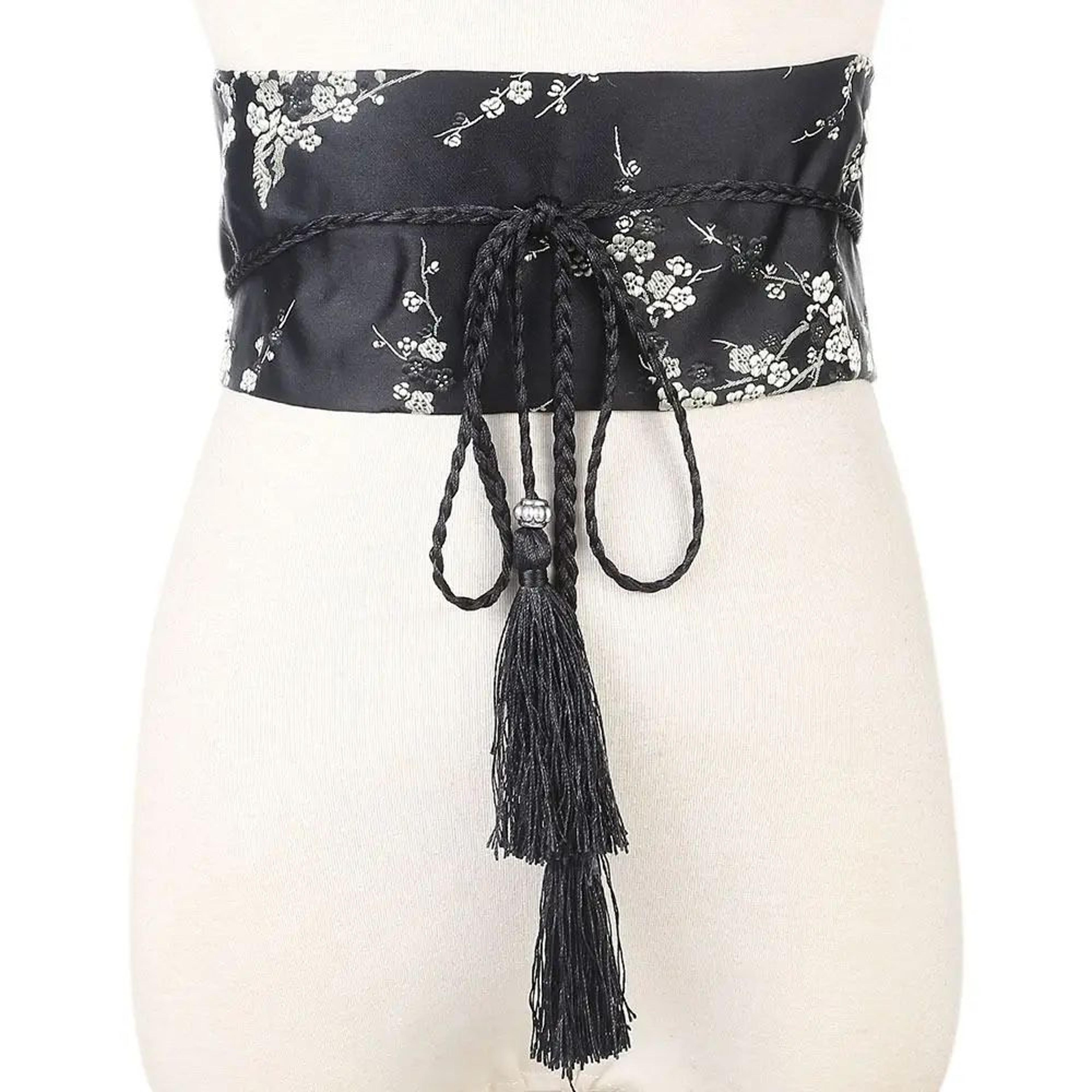 Japanese Wide Corset Obi Belt For Women  Vintage Floral Satin Kimono Waistband Bowknot Cummerbund F 6