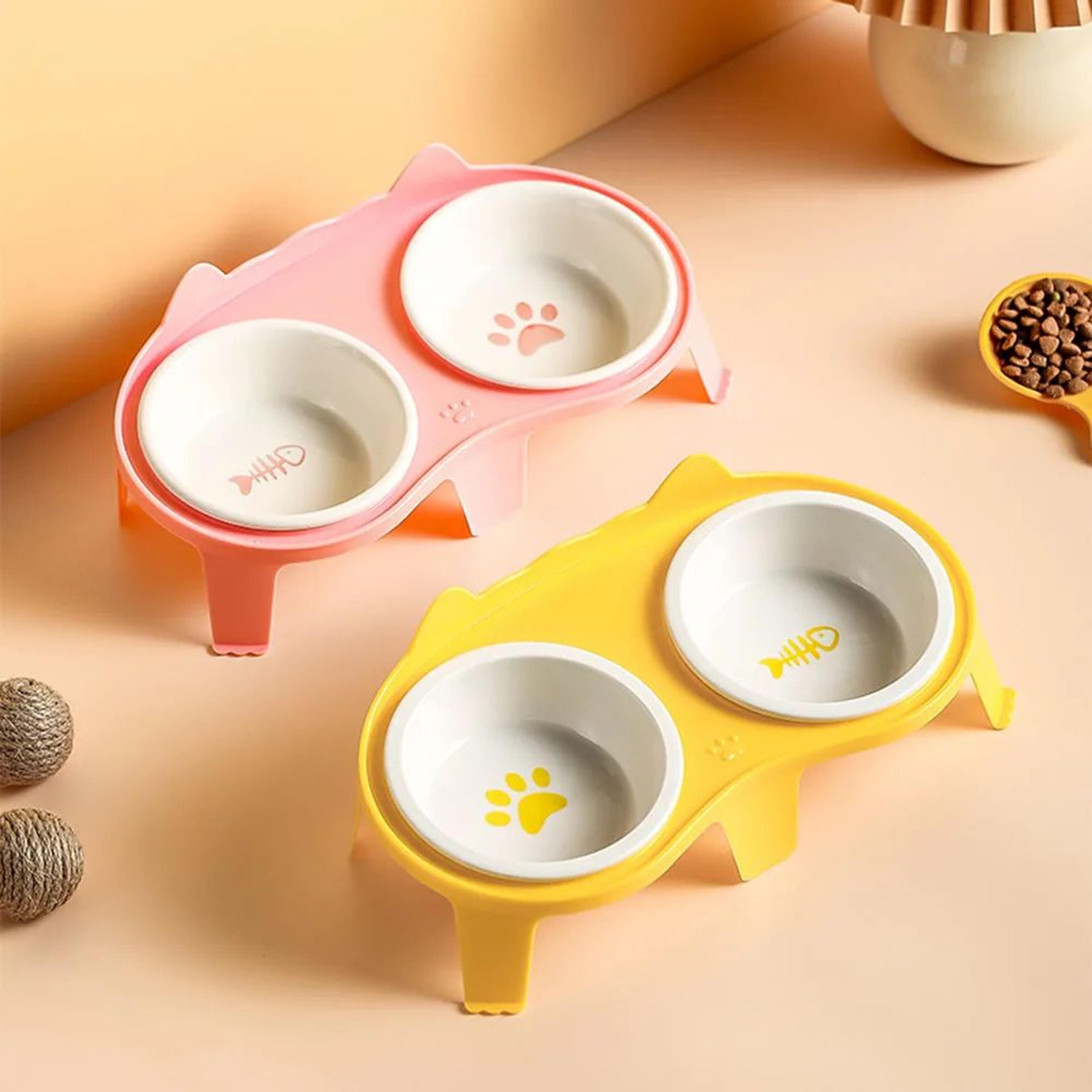 Elevated Ceramic Cat Double Bowl Set  Slanted Pet Food  Water Feeding Bowls For Cats And Kittens 1