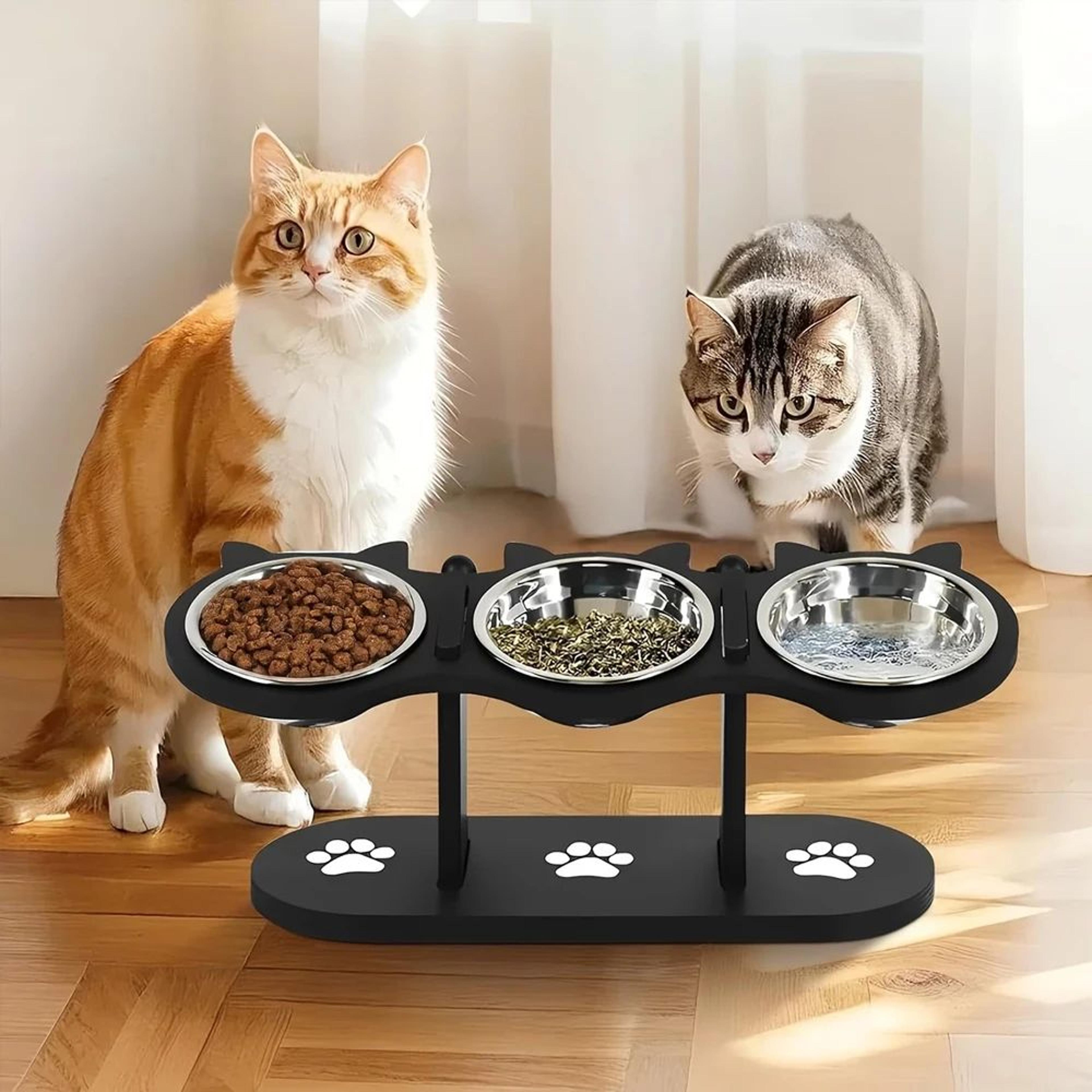 Elevated Cat Ear 3Bowl Pet Feeder  Solid Wood Feeding Station With Stainless Steel Bowls 0