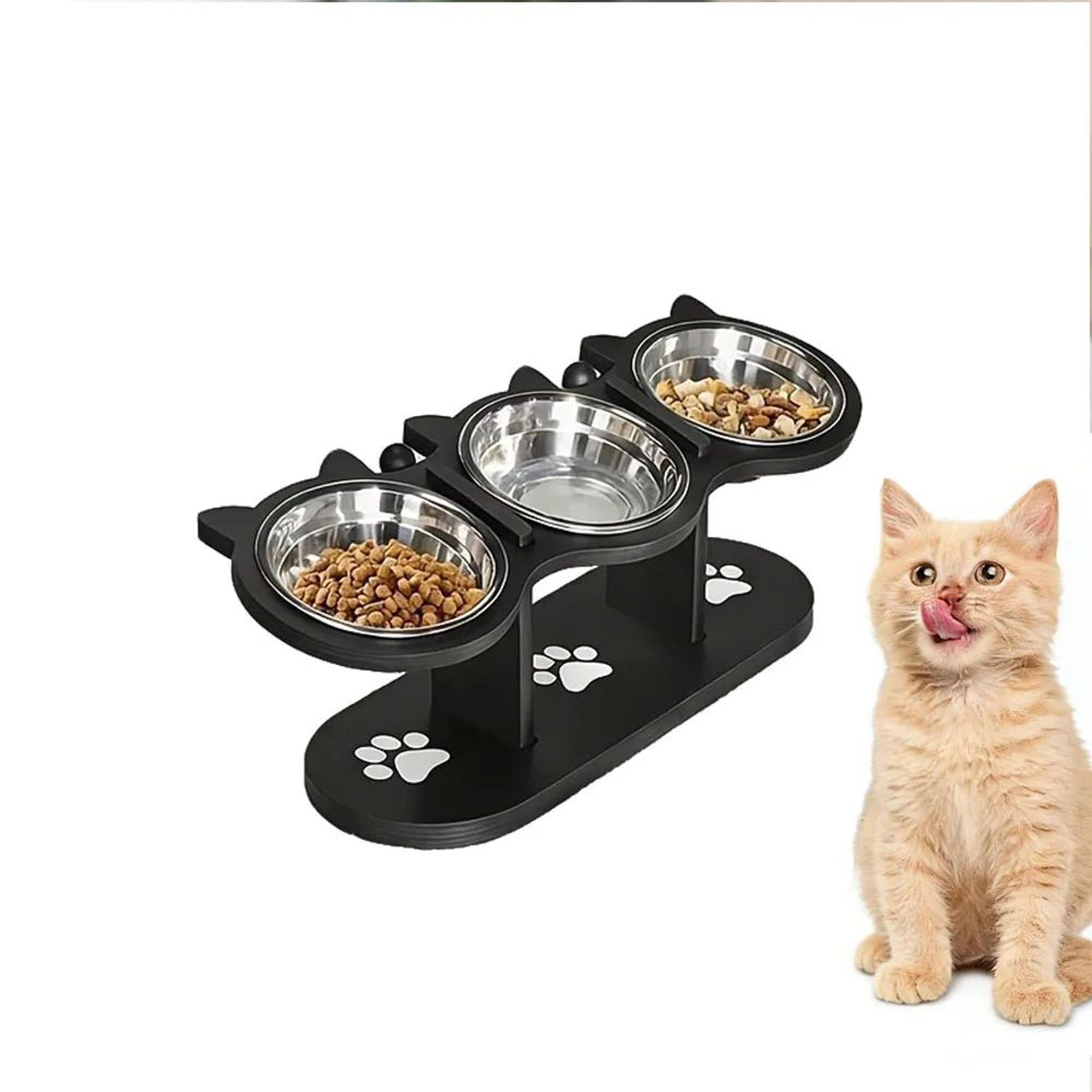 Elevated Cat Ear 3Bowl Pet Feeder  Solid Wood Feeding Station With Stainless Steel Bowls 6