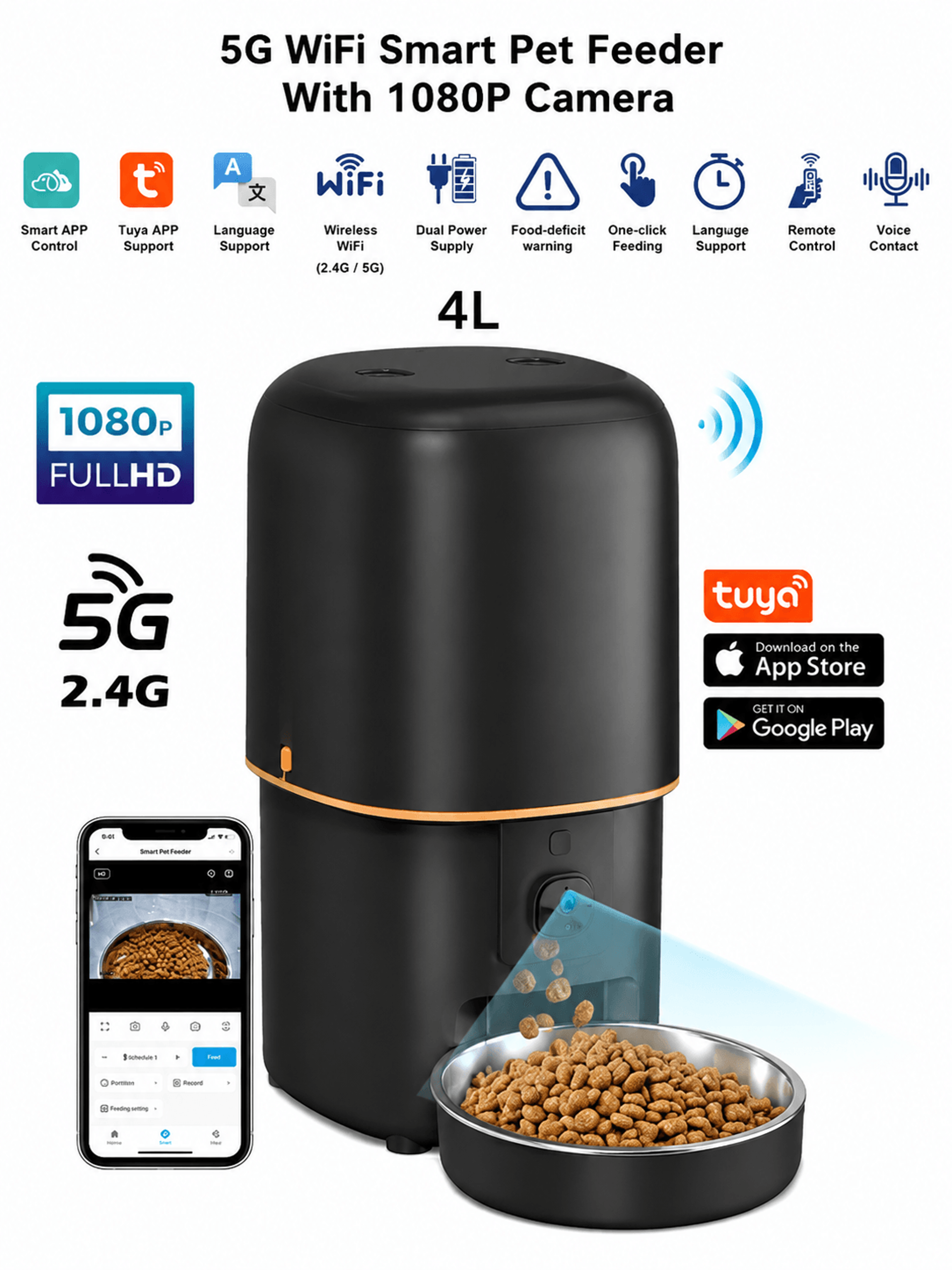 Smart WiFi Automatic Pet Feeder With 1080P Camera  AppControlled Cat  Dog Food Dispenser 0