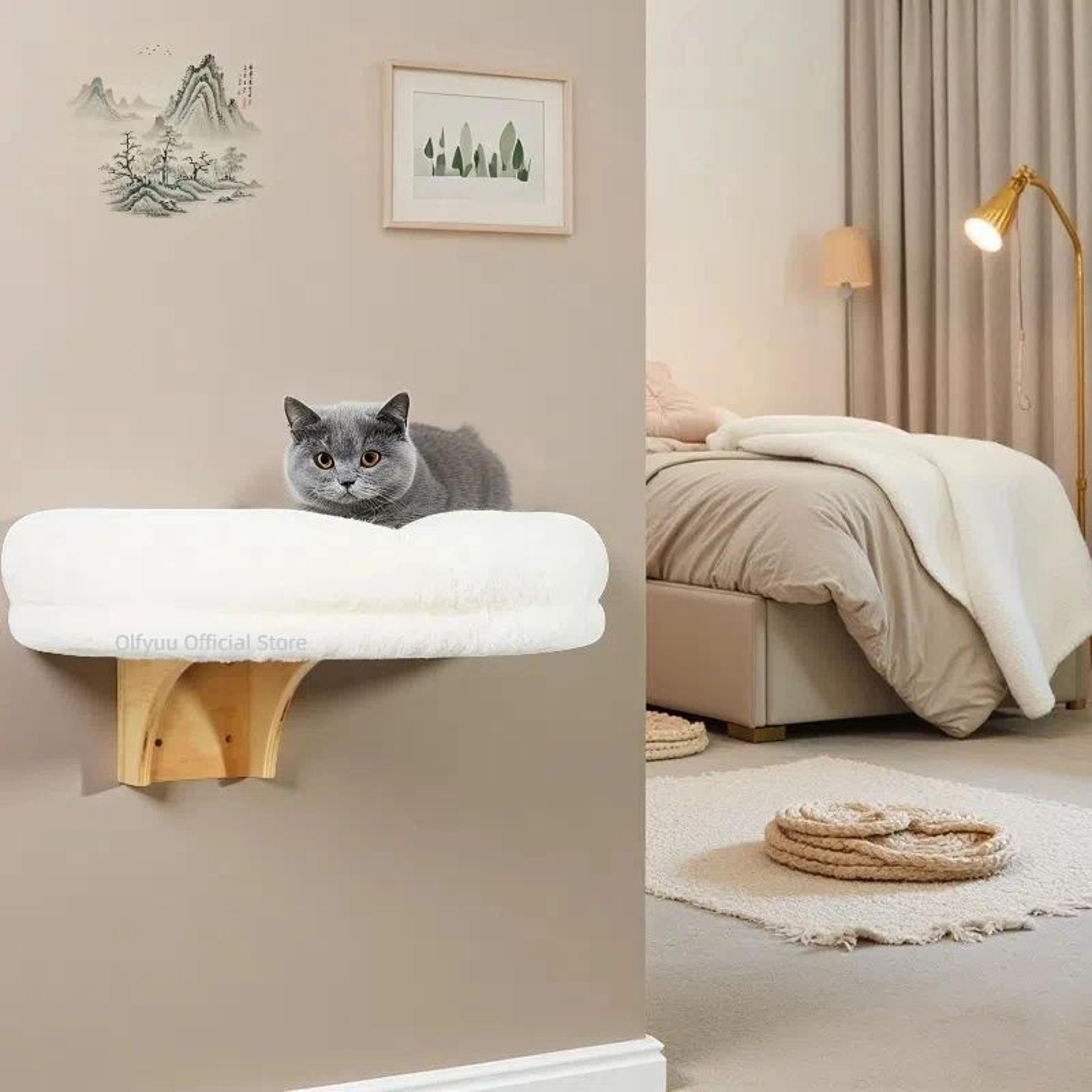 Wall Mounted Wooden Cat Perch  Elevated Winter Cat Bed  SpaceSaving Cat Furniture With Support Brac 2