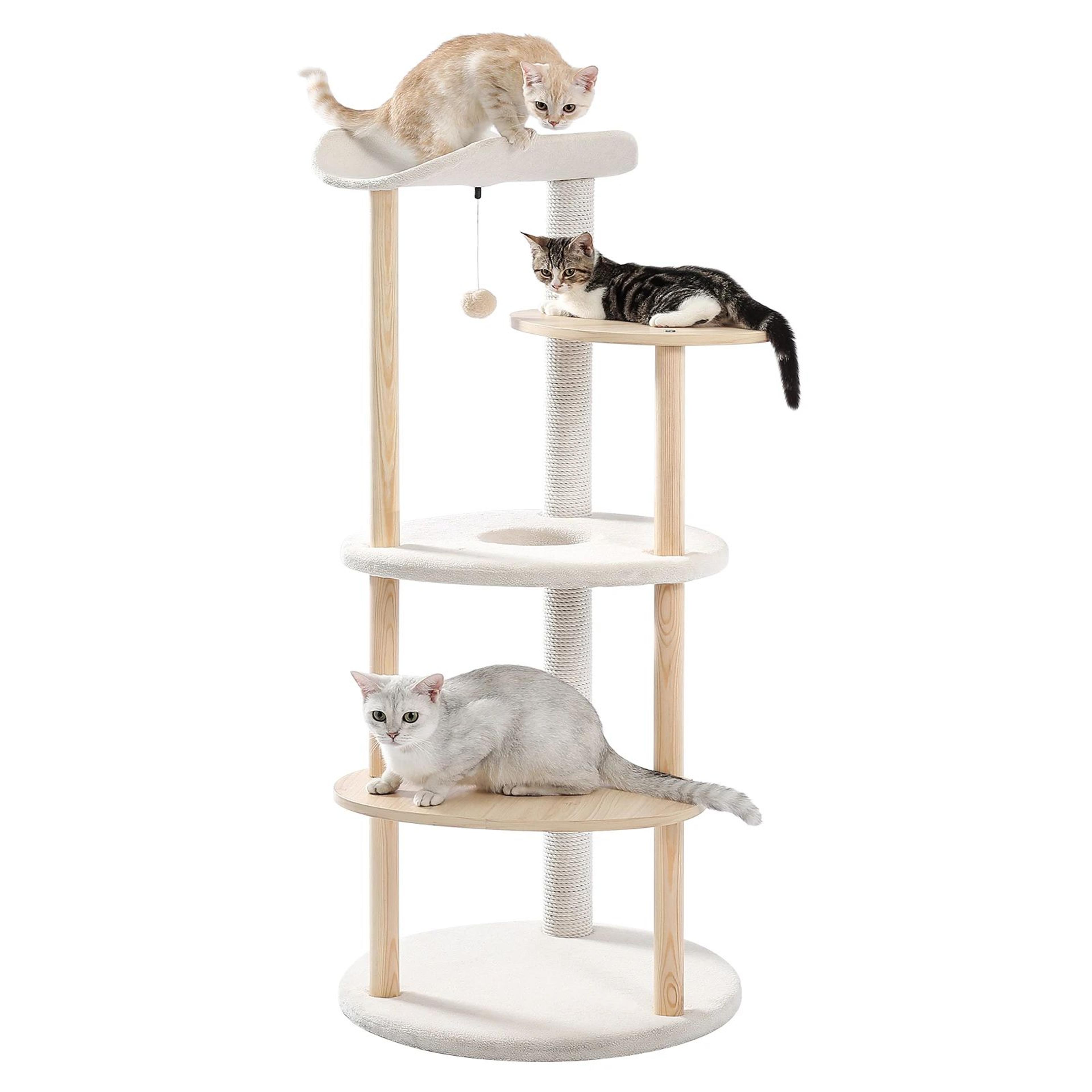 Modern Wooden Cat Tree Tower  MultiLevel Cat Condo With Scratching Posts Jumping Platforms  Cozy Pe 5
