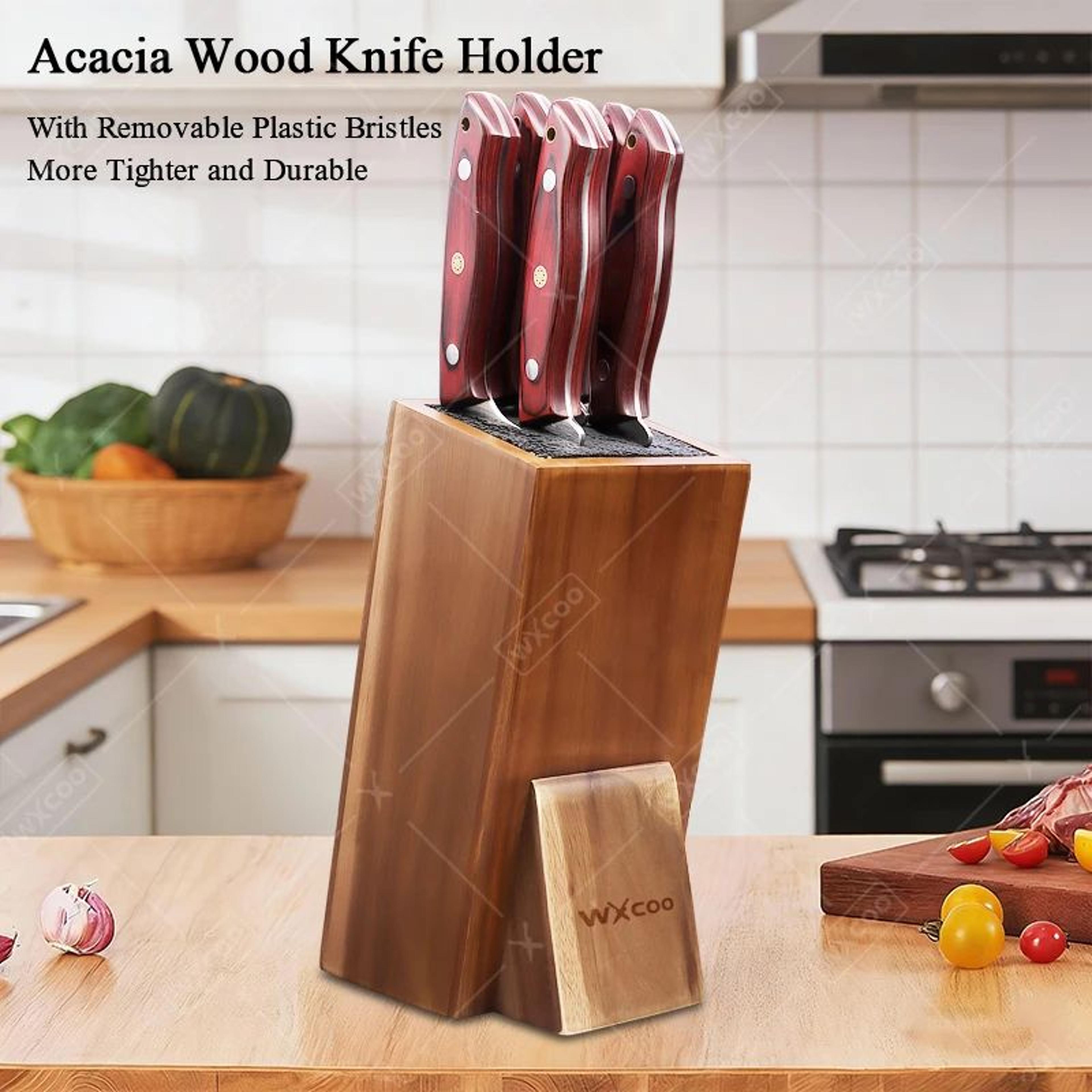 Acacia Wood Universal Knife Block  Solid Wood Kitchen Knife Holder With Removable Bristle Insert 4