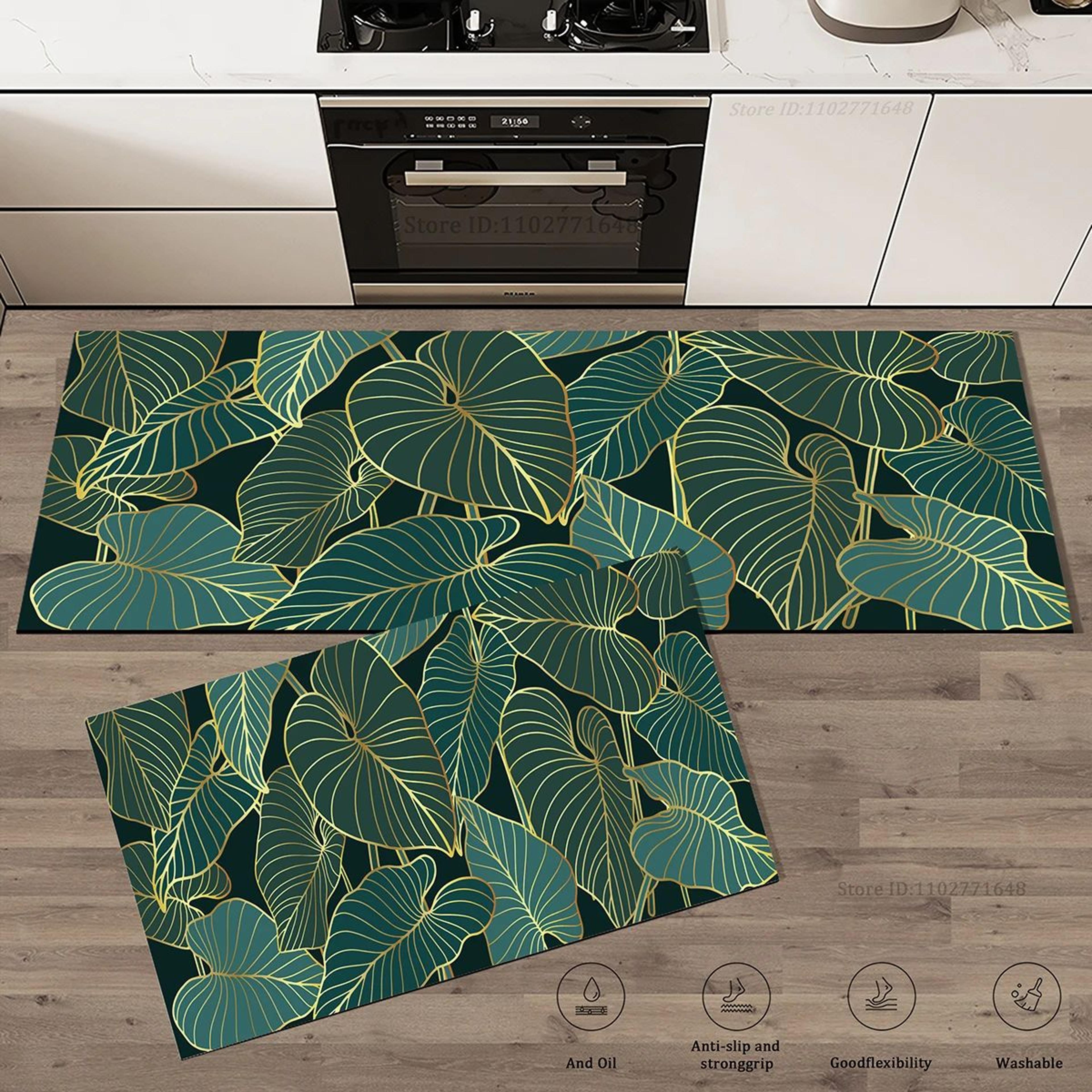 Green Leaves Kitchen Floor Mat  NonSlip Absorbent Crystal Velvet Rug For Kitchen Bathroom Entryway  3