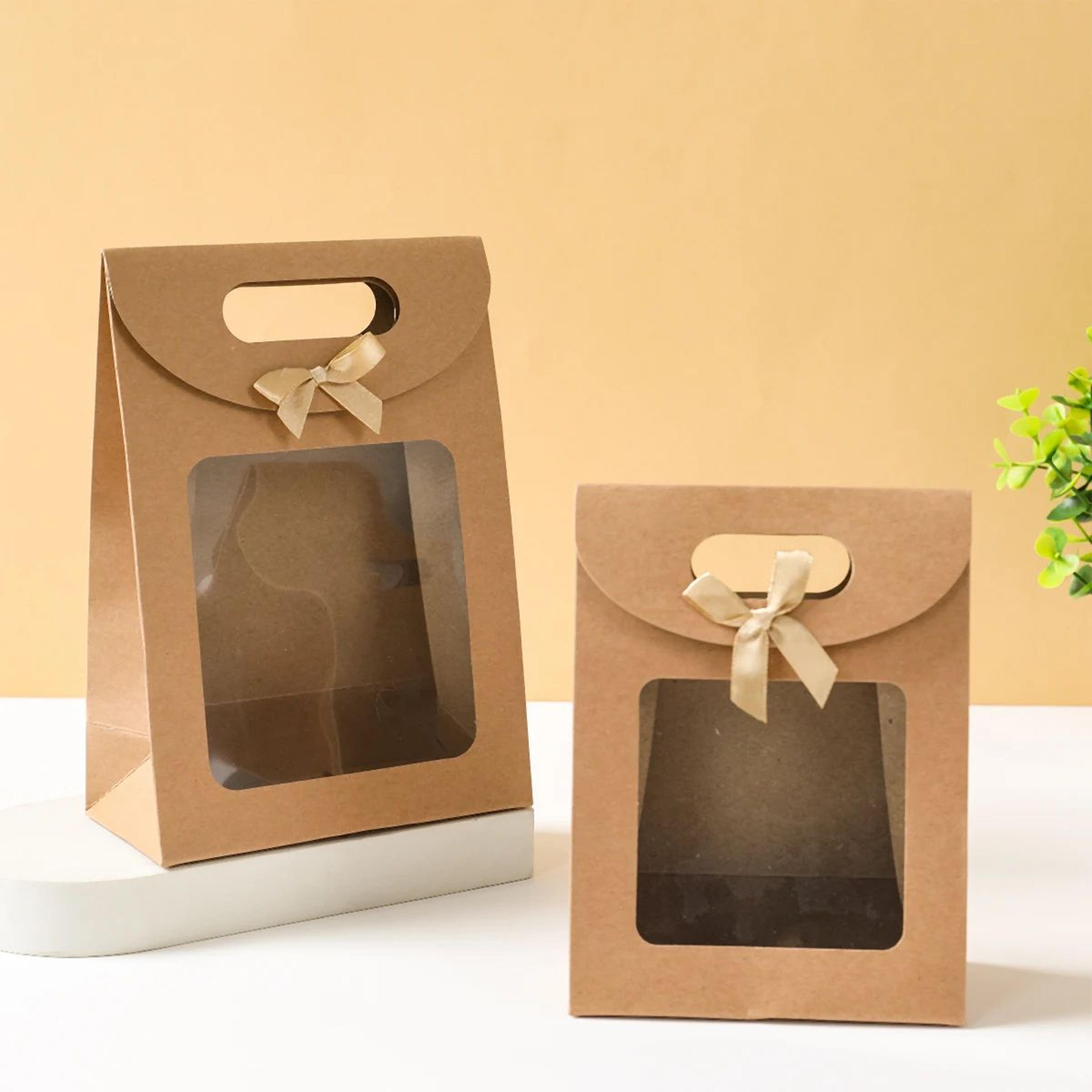 5pcs Elegant Kraft Paper Gift Bags With Clear PVC Window  Golden Bow  Portable Gift Bags For Christ 3