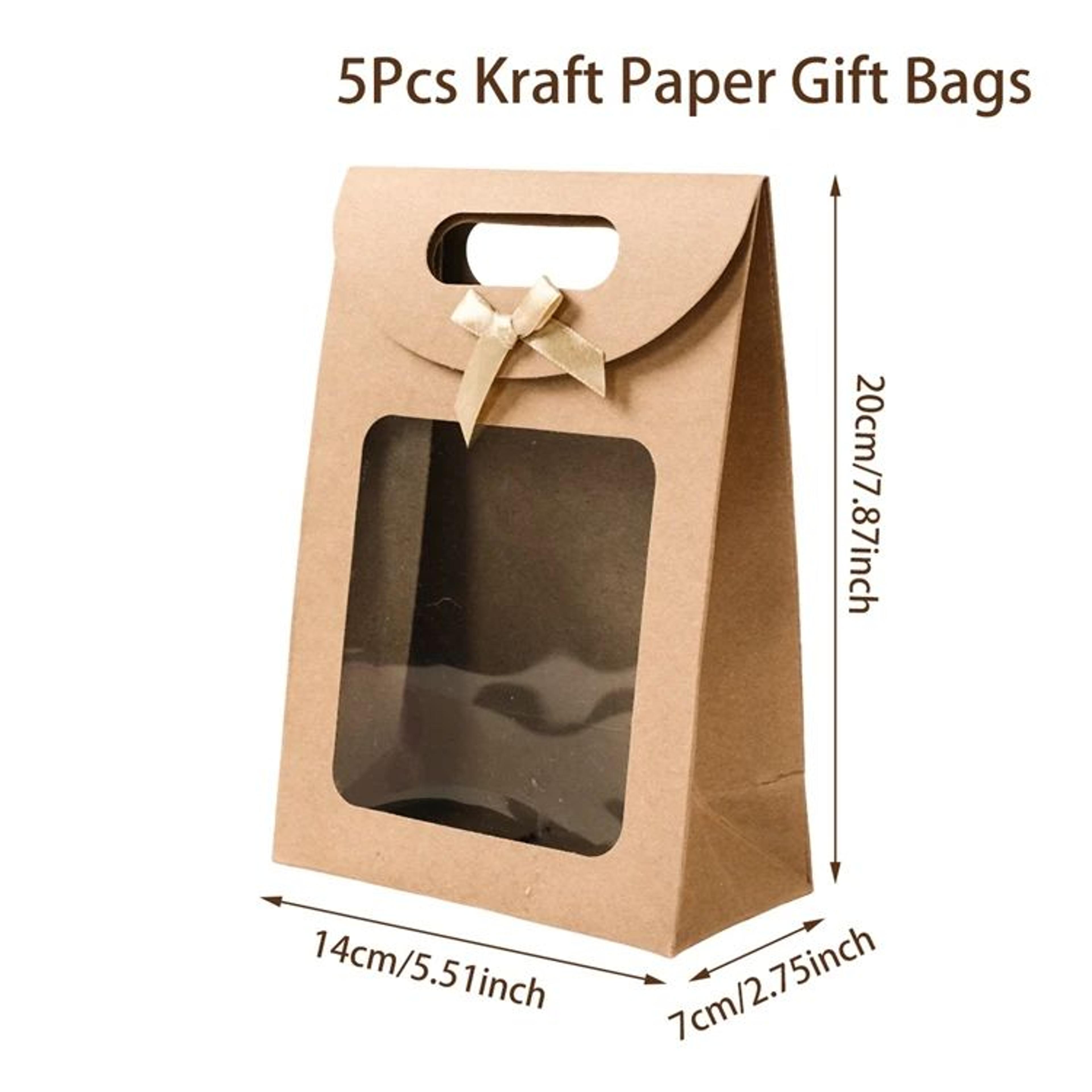 5pcs Elegant Kraft Paper Gift Bags With Clear PVC Window  Golden Bow  Portable Gift Bags For Christ 7