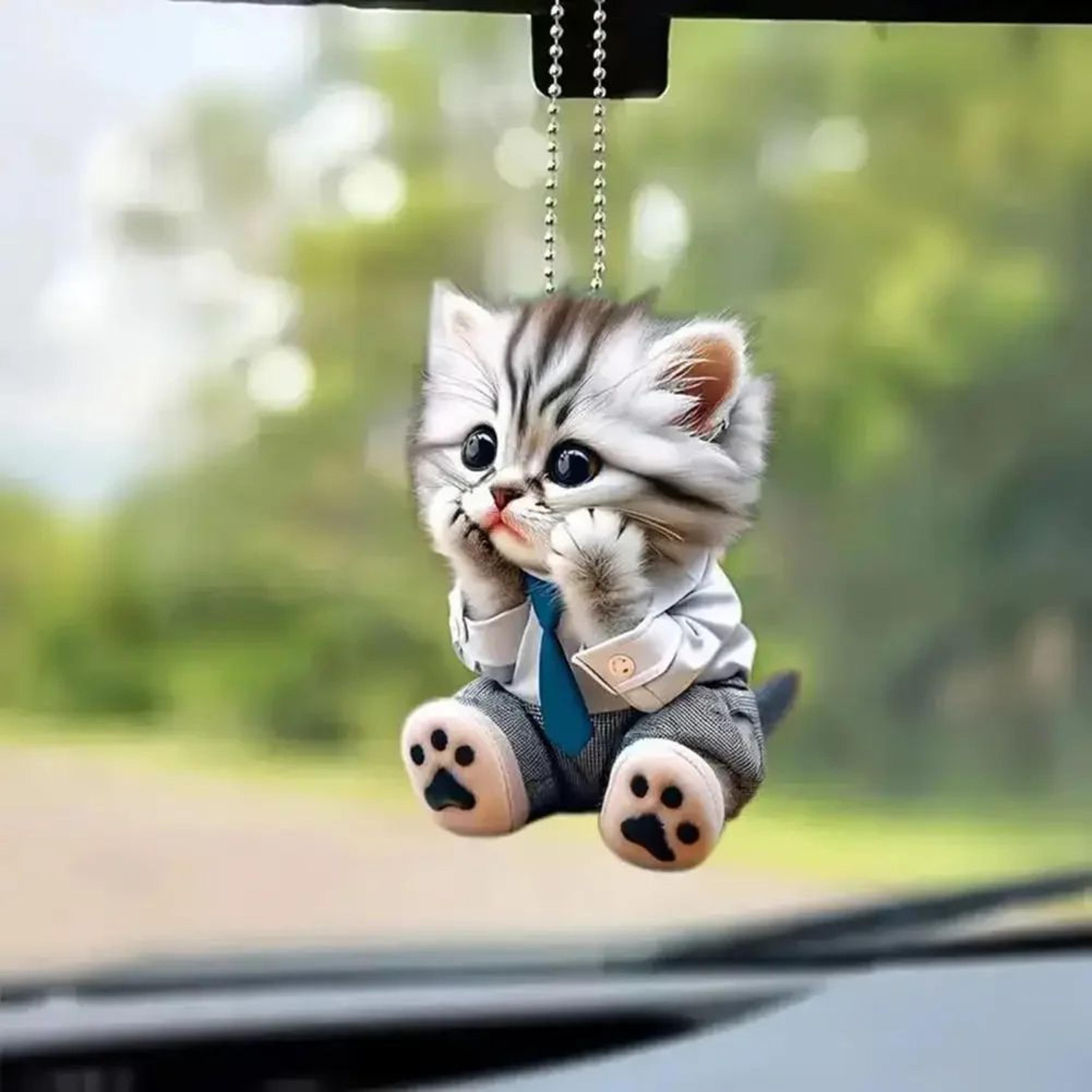 realistic cat acrylic car hanging ornament – cute rearview mirror pendant with chain for car interior decor