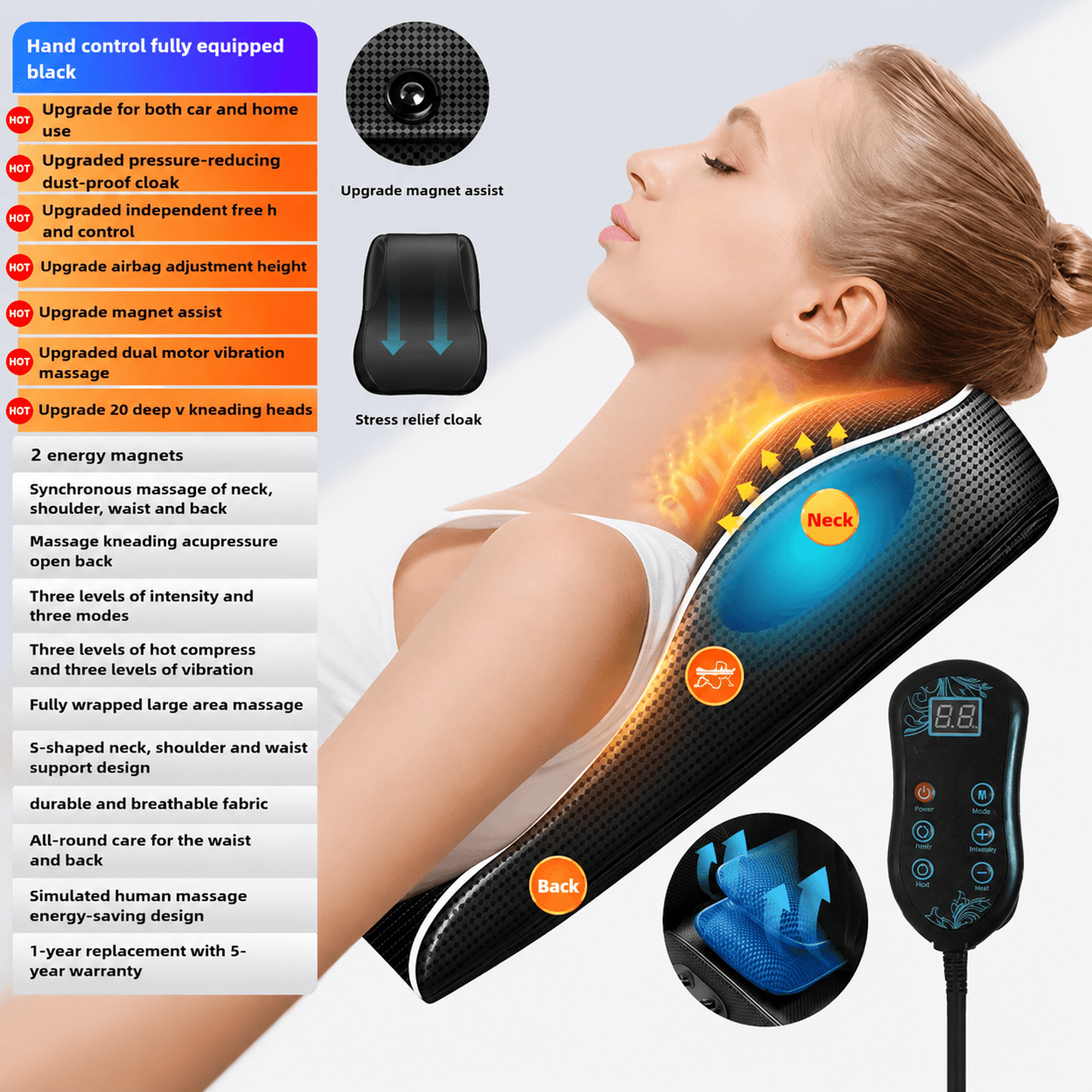 Electric Heated Neck  Shoulder Massager Pillow  Deep Kneading Cervical Back Waist Massage Cushion F 9