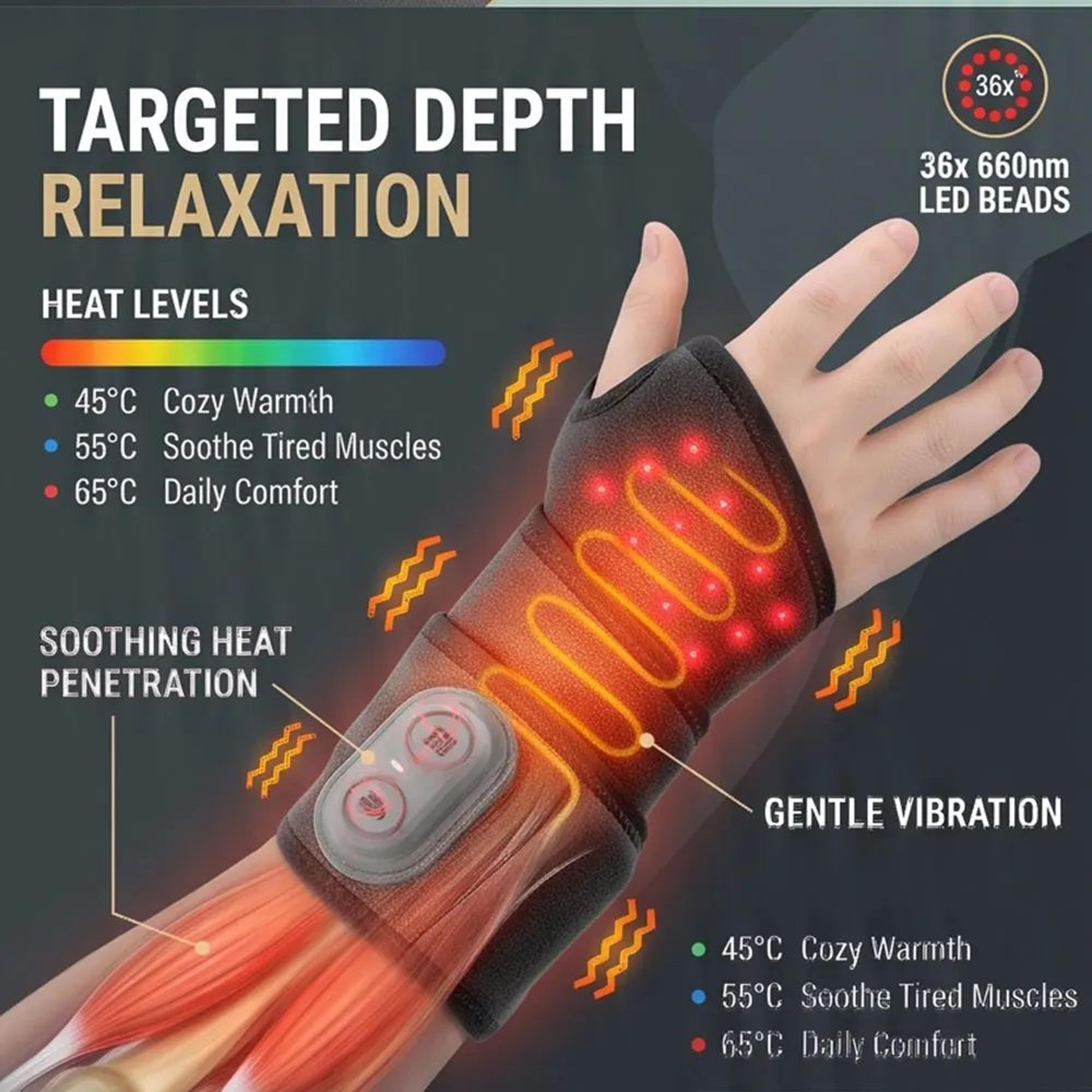 cordless infrared led wrist wrap with heat & vibration – 660nm 850nm light therapy hand brace for joint support