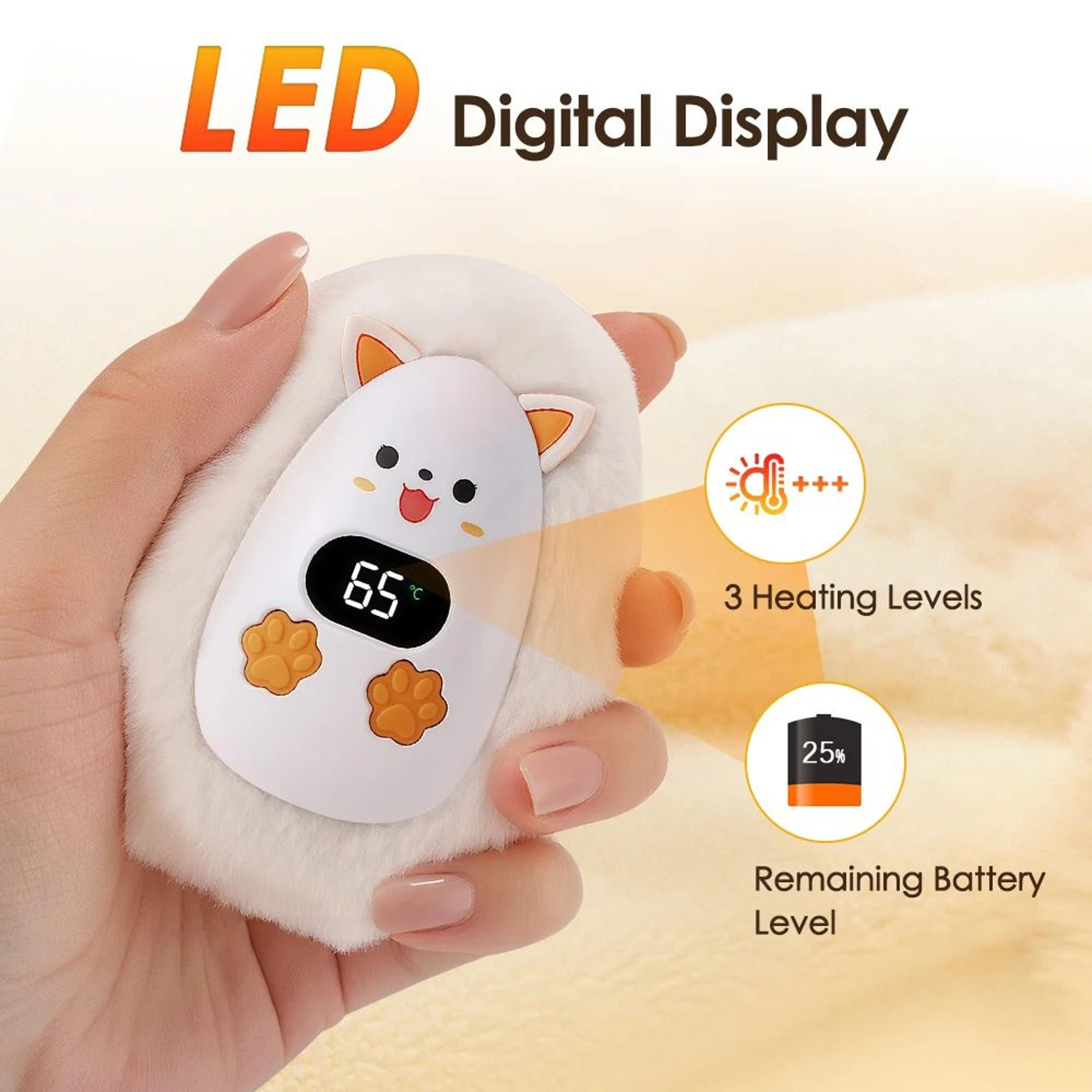 Mini Plush Fox Hand Warmer With Digital Display  Portable Rechargeable Pocket Heater With 3 Heat Le