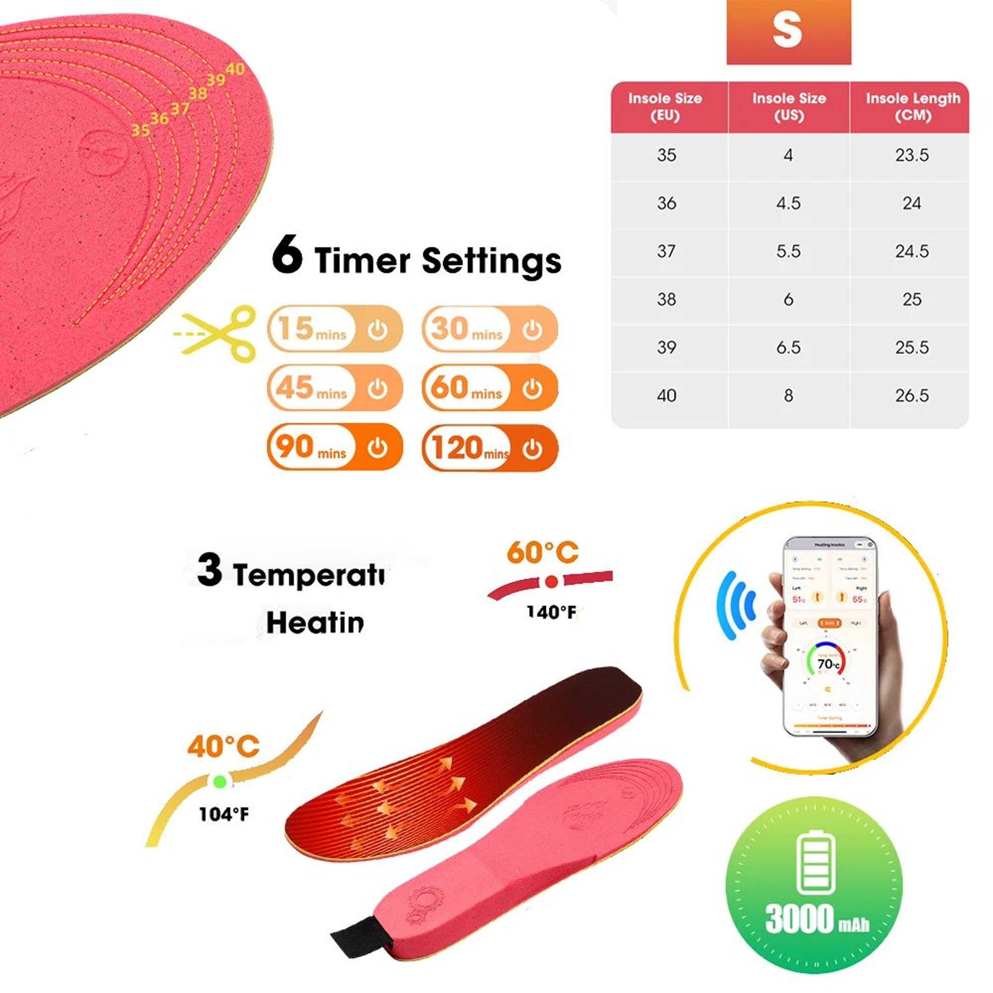Smart APP  Remote Control Heated Insoles  Wireless Rechargeable Foot Warmers With Adjustable Temper 8