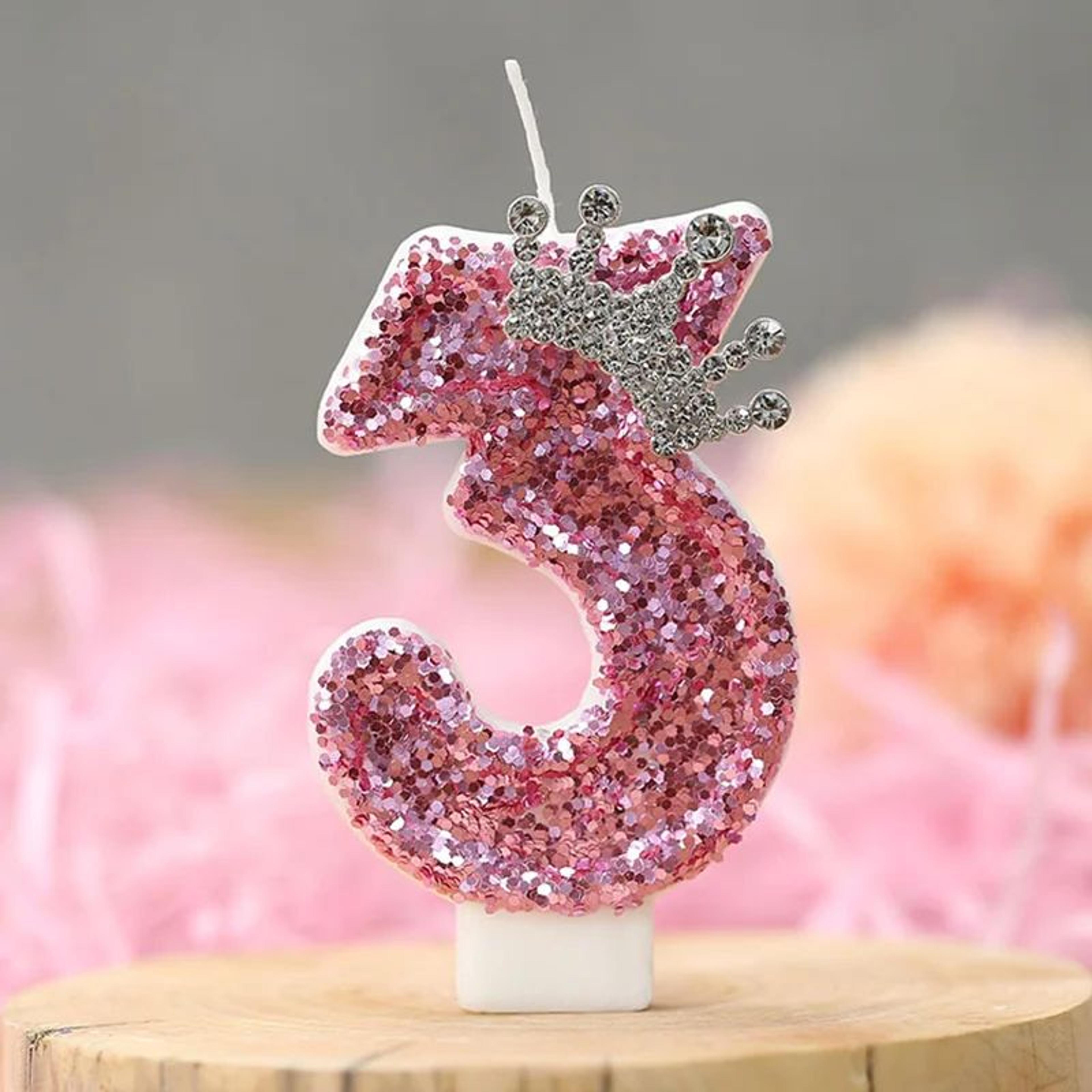 Pink Princess Crown Number Birthday Cake Candle  Creative Glitter Numeral Candle Party Cake Decorat 9