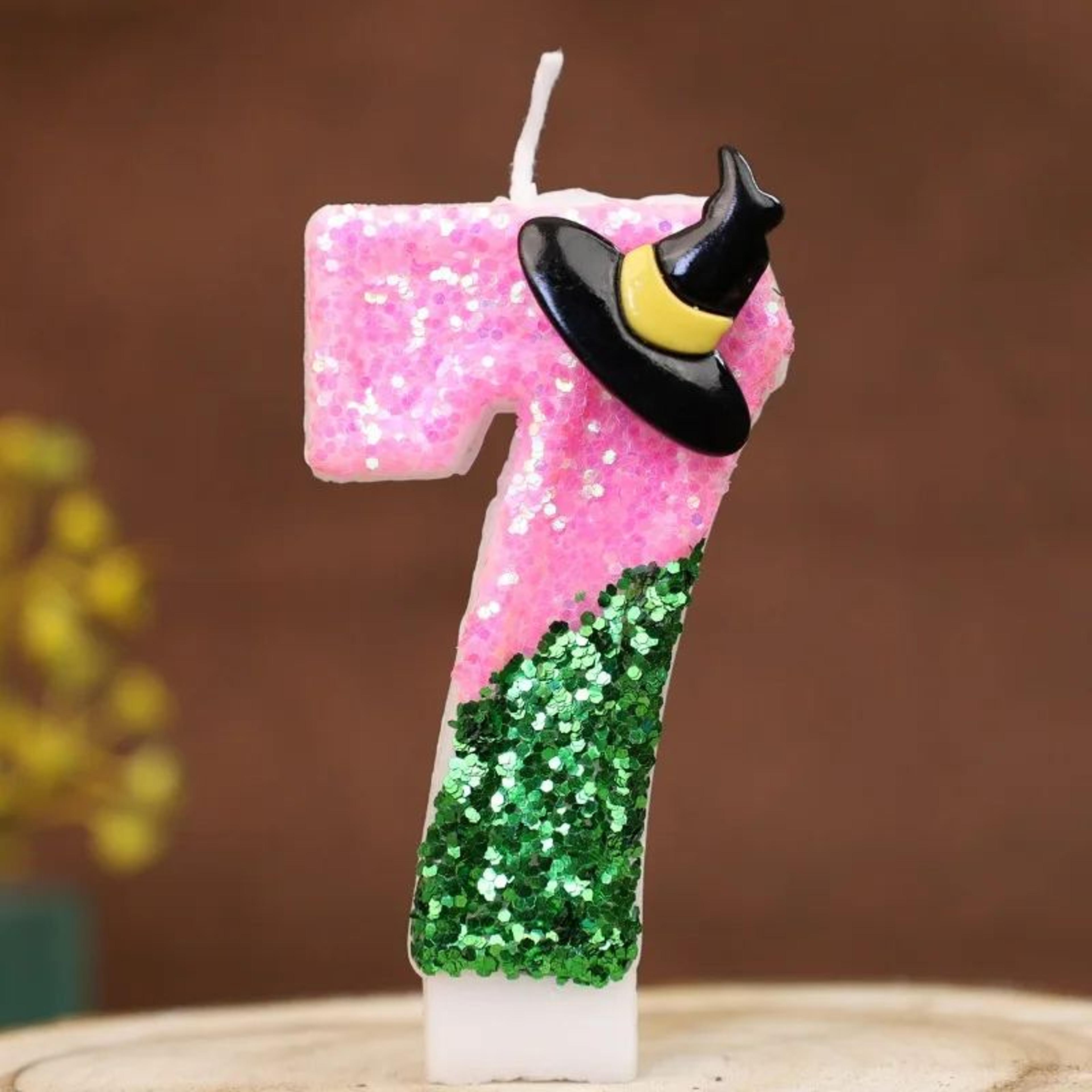 witch theme number birthday candle – pink & green numeral cake topper for halloween & party decorations