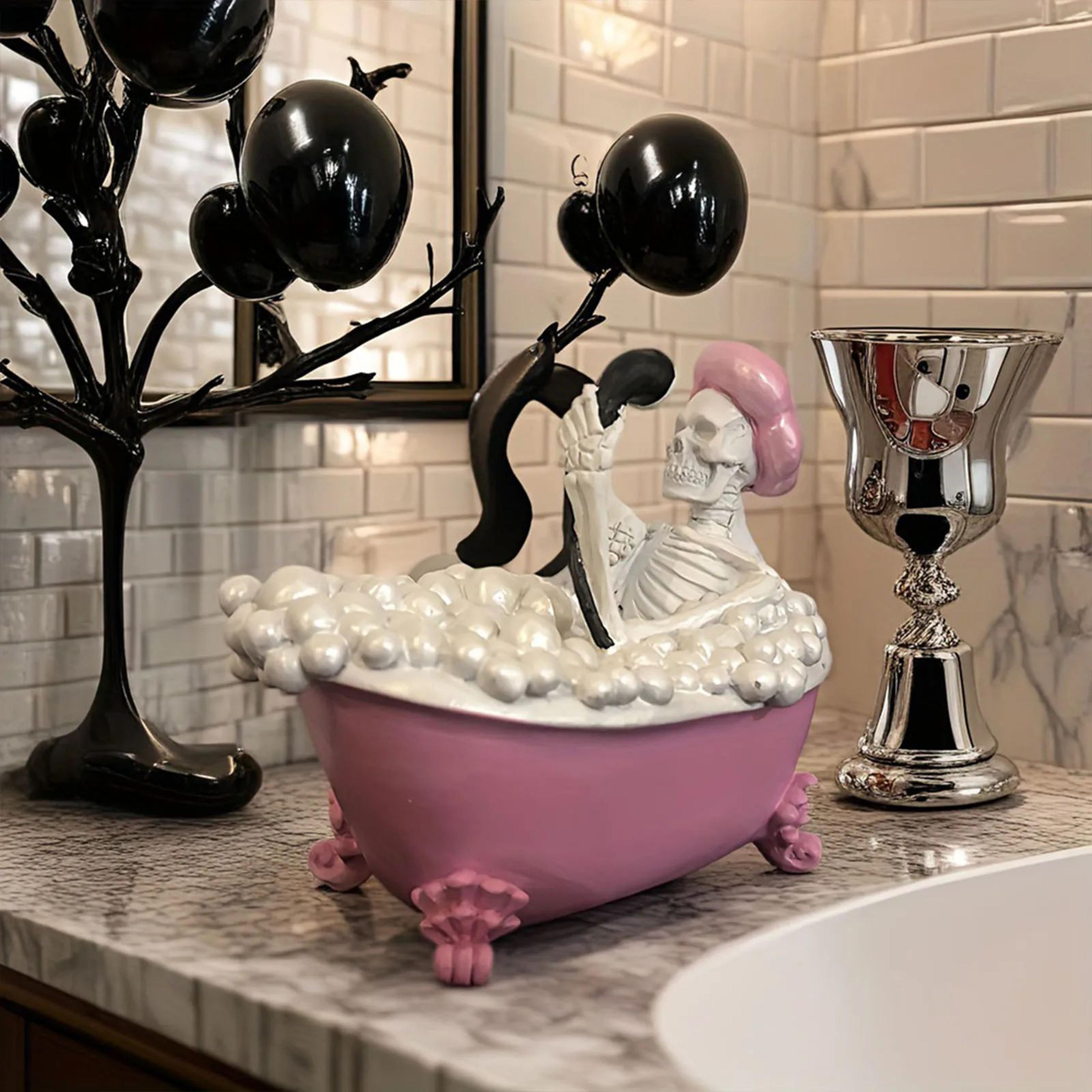 Halloween Skeleton Bathtub Resin Decor  Spooky Pink  White Bathroom Ornament For Parties  Prank Gif 1