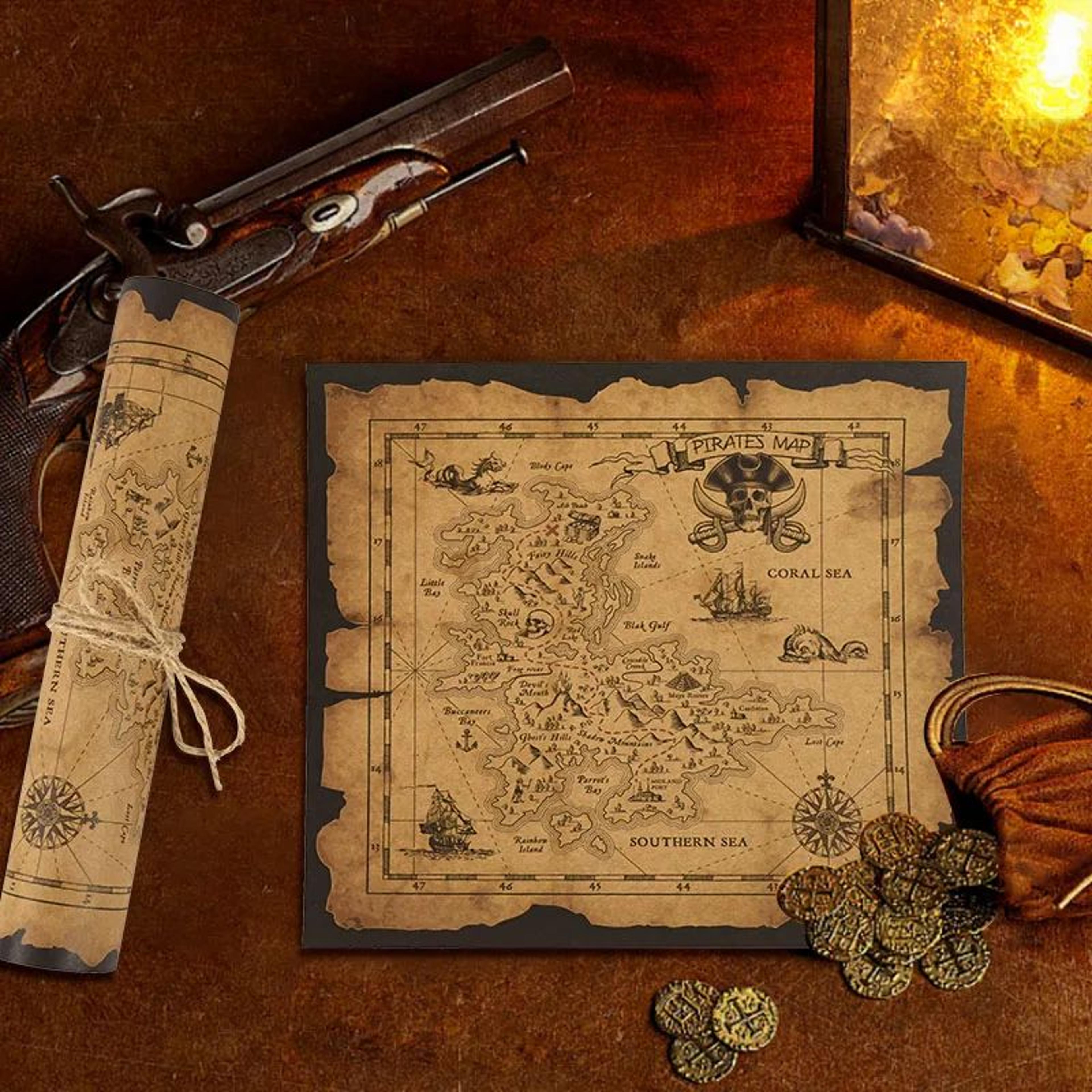 vintage pirate treasure map – kids party treasure hunt prop, pirate birthday decoration & halloween favor