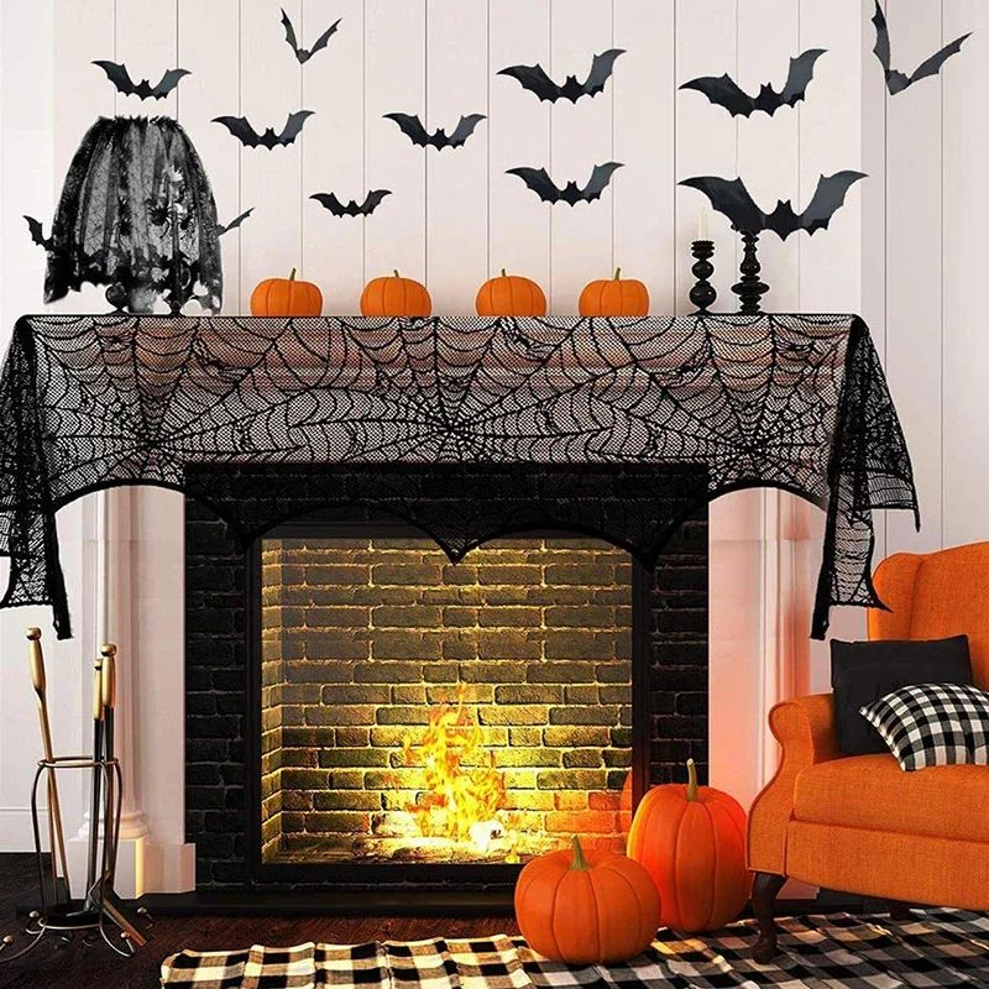 Halloween Lace Spider Web Tablecloth  Black Skull Skeleton Mantel Scarf Party Decoration 3
