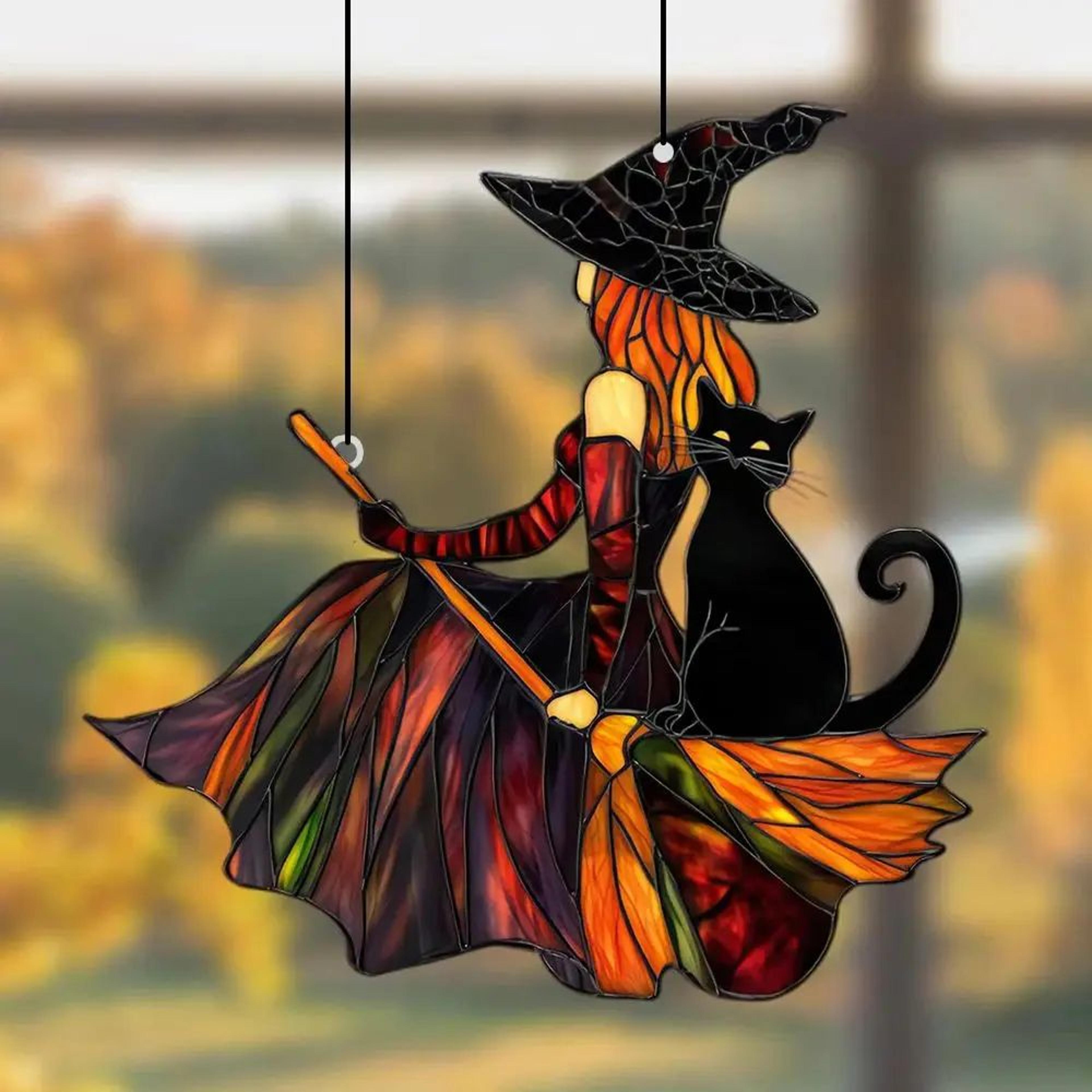 Gothic Acrylic Witch  Black Cat Suncatcher  Halloween Window Hanging Ornament  Wind Chime Decor 1